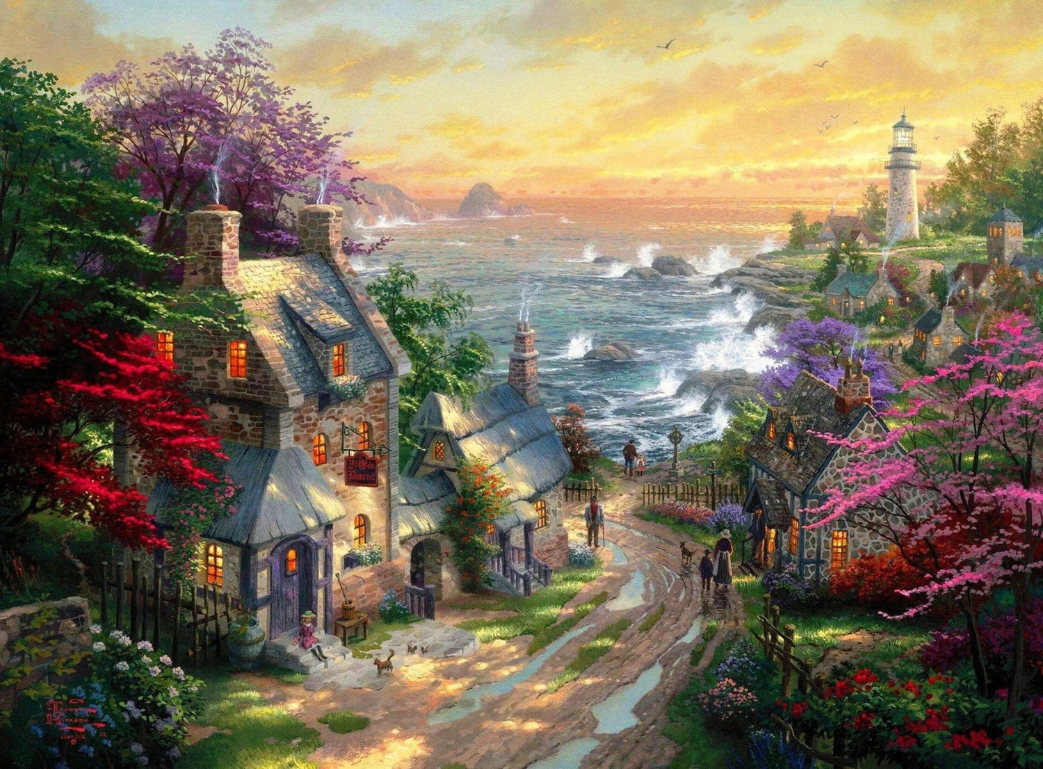 Hand painted landscape oil painting on canvas of coastal village at sunset with lighthouse, textured brushwork highlighting. - Add Frame, Canvas, Coastal, Hand Painted, Landscape, Made To Order, Oil Painting, Seascape, Sunset, Village