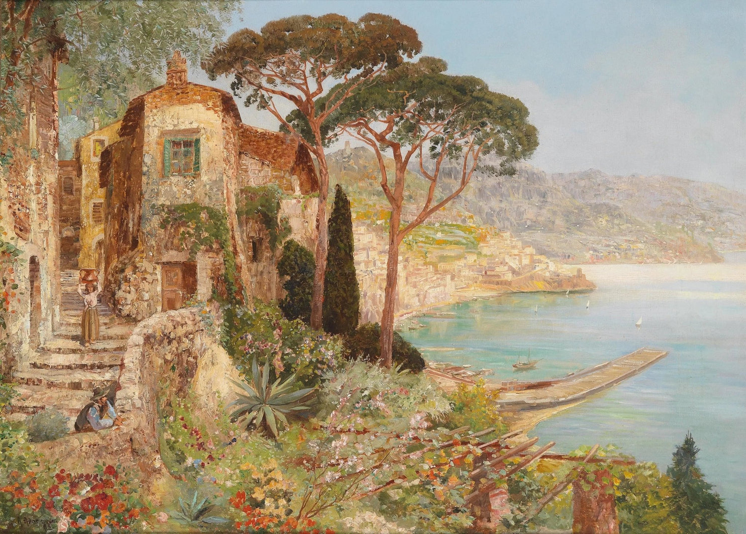 Landscape oil painting of a coastal village with stone buildings, tall pine trees, colorful flowers, and textured brushwork. - Add Frame, Architecture, Canvas, Coastal, Floral, Hand Painted, Landscape, Made To Order, Mountain, Oil Painting, Seascape, Village