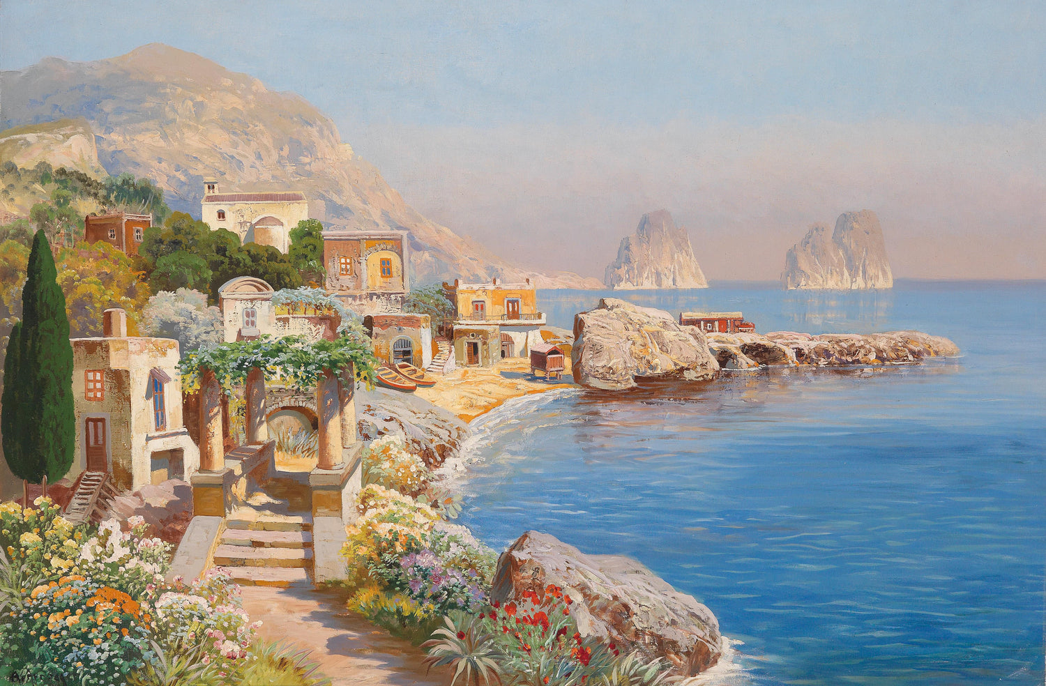Hand painted landscape oil painting on canvas depicting a coastal village with stone houses, rocky shoreline, vibrant floral . - Add Frame, Architecture, Canvas, Coastal, Floral, Hand Painted, Landscape, Made To Order, Oil Painting, Road, Seascape, Village