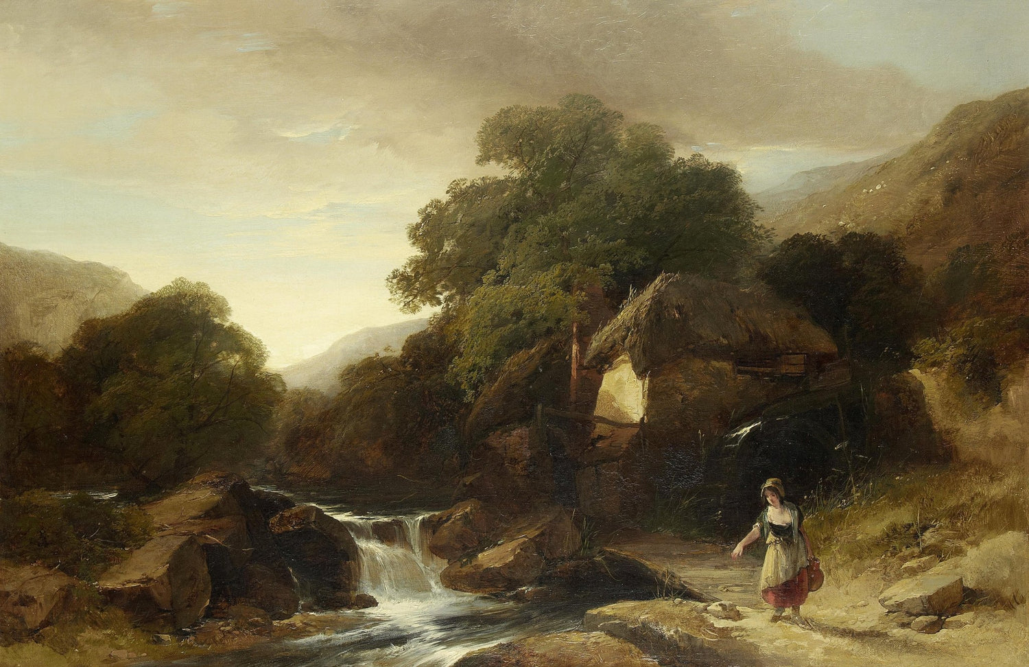 Hand-painted cottage watermill and mountain stream landscape oil painting on canvas