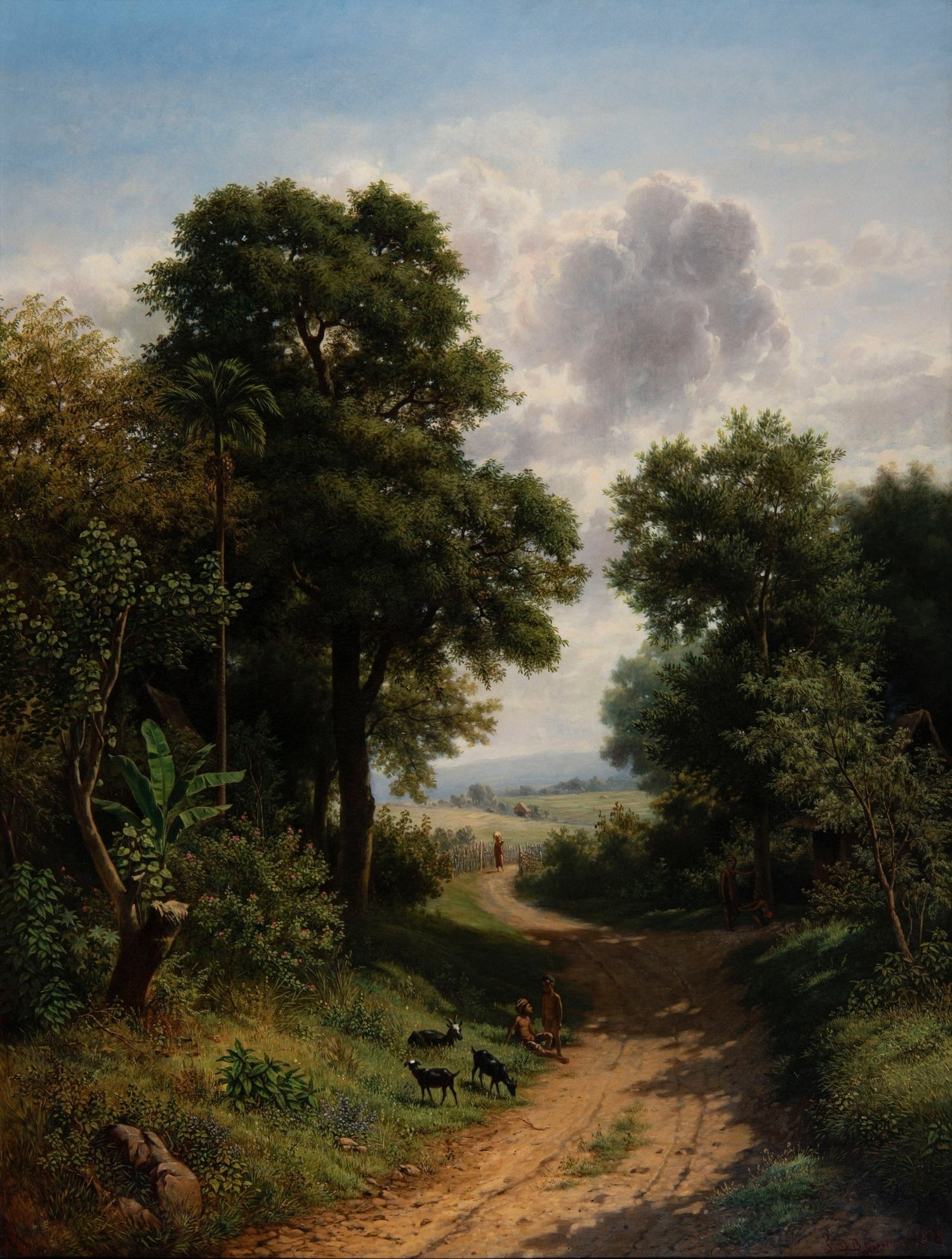 Hand-painted country path with trees and goats landscape oil painting on canvas