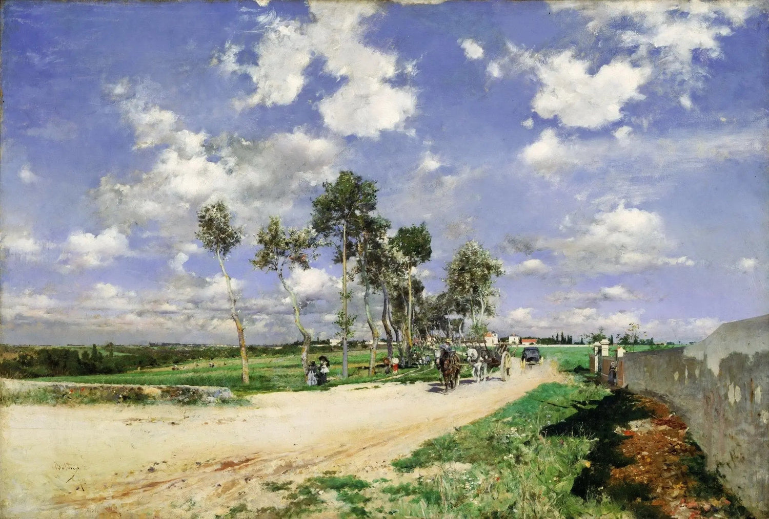 Landscape oil painting depicting a sunlit country road with figures, horses, and carriages, featuring textured brushwork and . - Add Frame, Animal, Canvas, Country, Figure, Hand Painted, Landscape, Made To Order, Oil Painting, Road