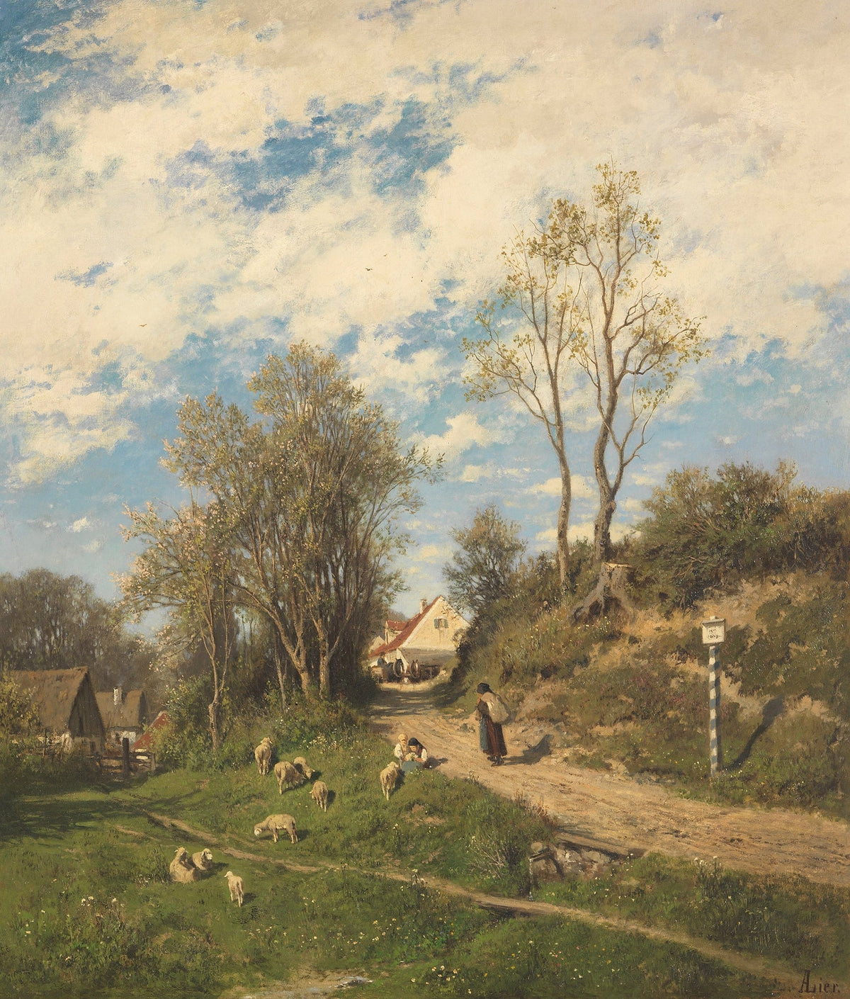 Landscape Oil Painting - Country Road with Shepherdess and Sheep