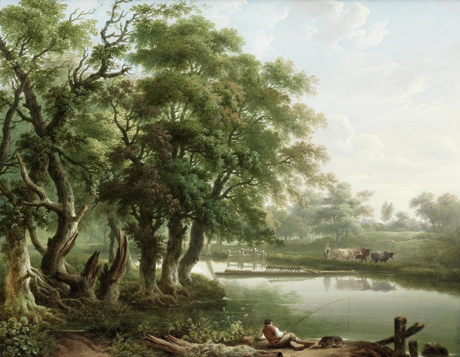 Landscape Oil Painting - Countryside - themed & oak trees fisherman - Oil Painting Haven