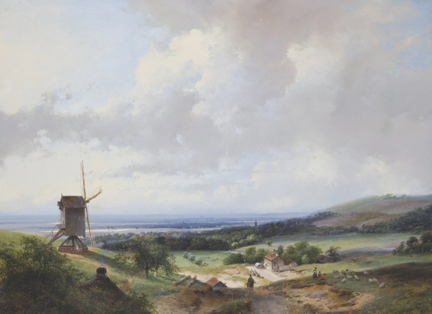 Hand painted landscape oil painting on canvas depicting countryside with windmill, figures, textured brushwork, and soft. - Add Frame, Animal, Canvas, Country, Farm, Figure, Hand Painted, Landscape, Made To Order, Mountain, Oil Painting
