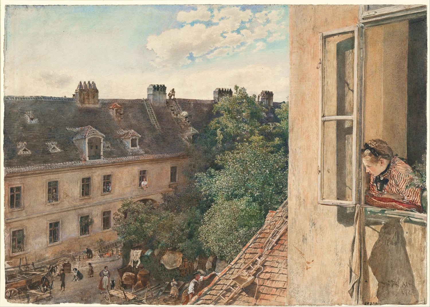 Landscape oil painting showing courtyard with buildings, figures, and a woman leaning out of an open window, textured. - Add Frame, Architecture, Canvas, Figure, Forest, Hand Painted, Landscape, Made To Order, Oil Painting