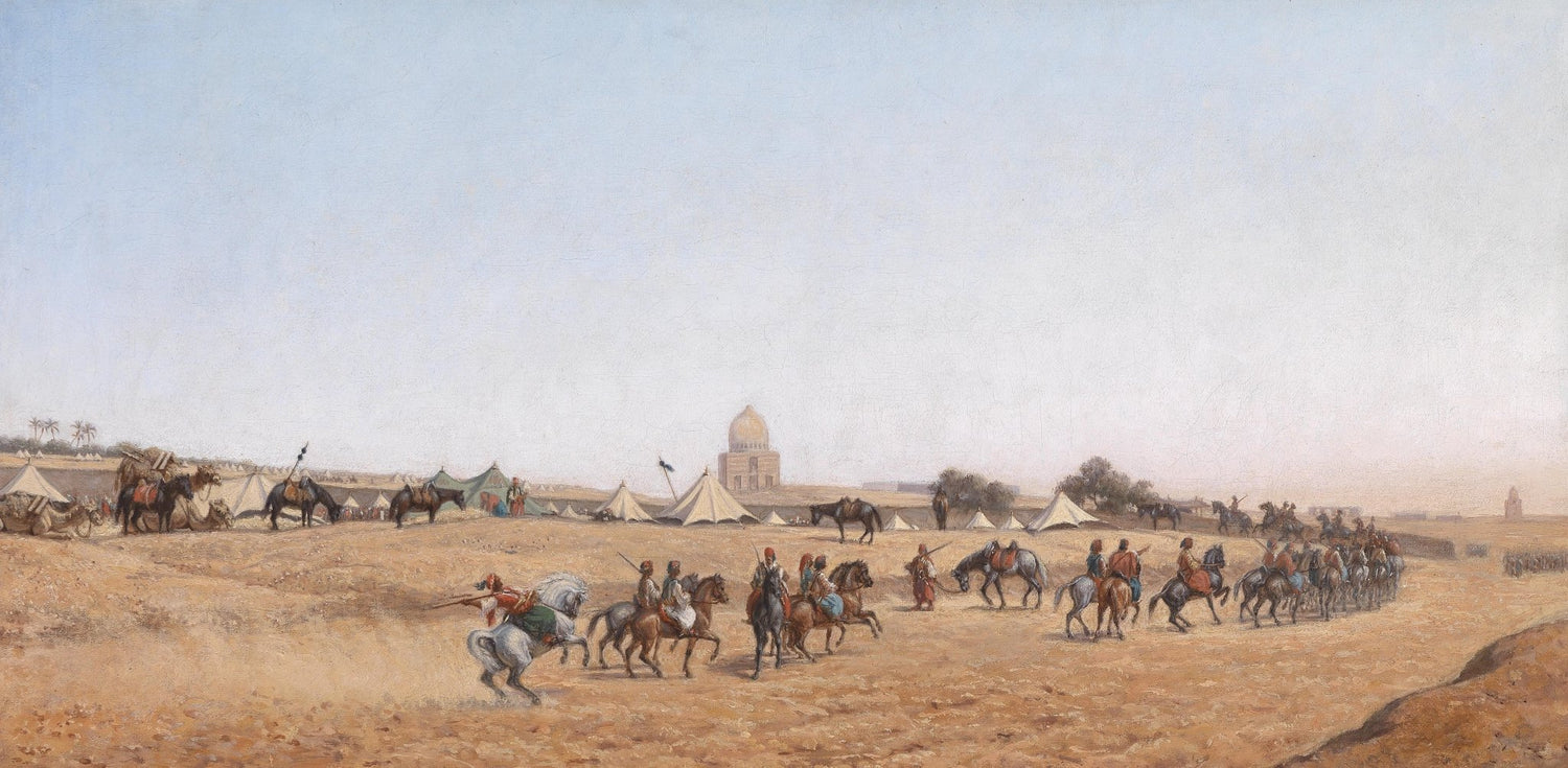 Hand-painted desert camp & cavalry, tents, dome structure landscape oil painting on canvas