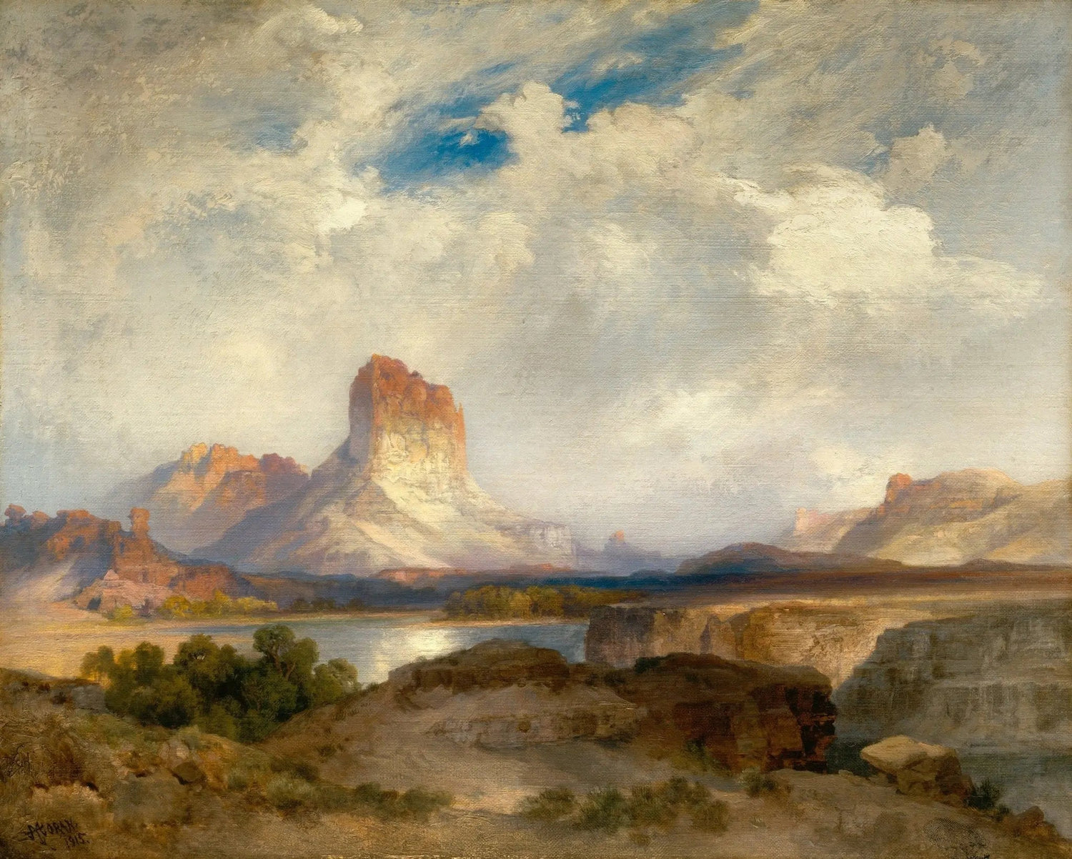 Landscape oil painting of desert river with towering rock formations under a sky with textured brushwork and oil on canvas. - Add Frame, Canvas, Desert, Hand Painted, Landscape, Made To Order, Oil Painting, River