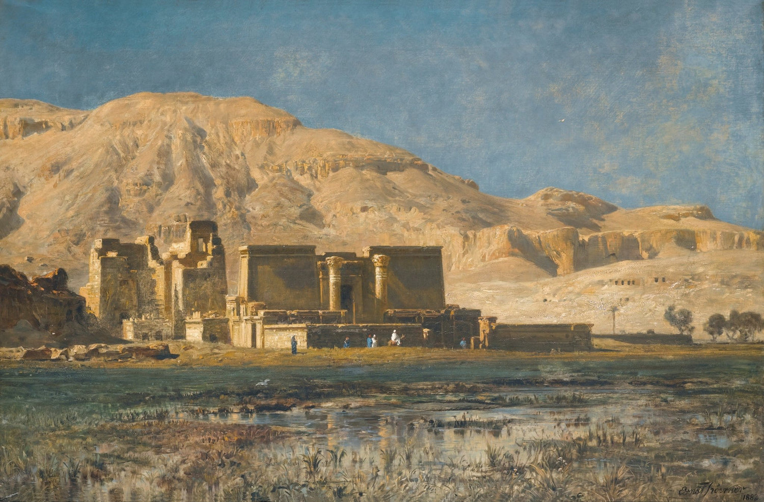 Hand-painted desert temple ruins and mountain view landscape oil painting on canvas