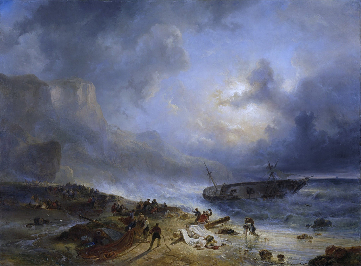 Dramatic landscape oil painting with textured brushwork showing a stormy coastal scene, shipwreck, dark clouds, and churning . - Add Frame, Canvas, Coastal, Hand Painted, Landscape, Made To Order, Oil Painting, Seascape
