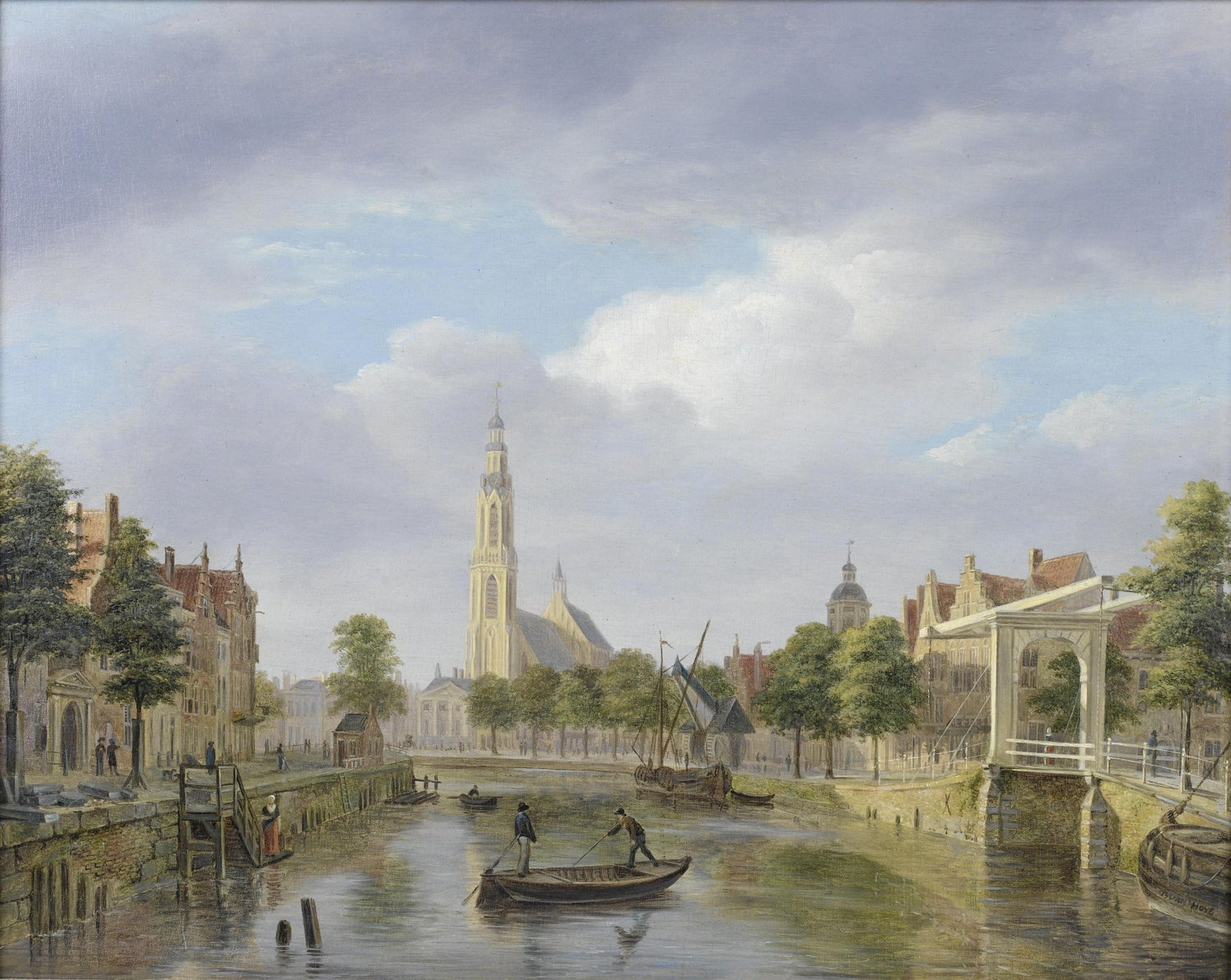 Landscape Oil Painting - Dutch canal city & church tower, canal boats - Oil Painting Haven