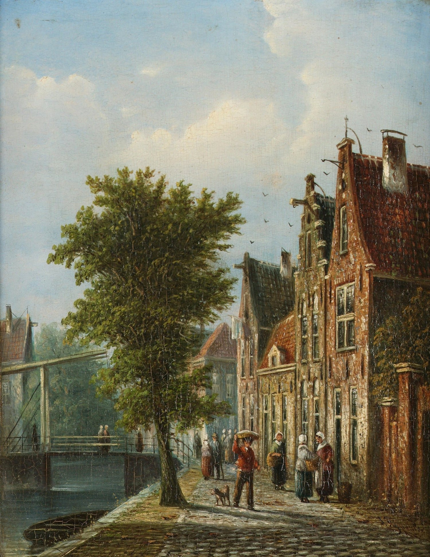 Hand-painted dutch canal street with brick houses landscape oil painting on canvas