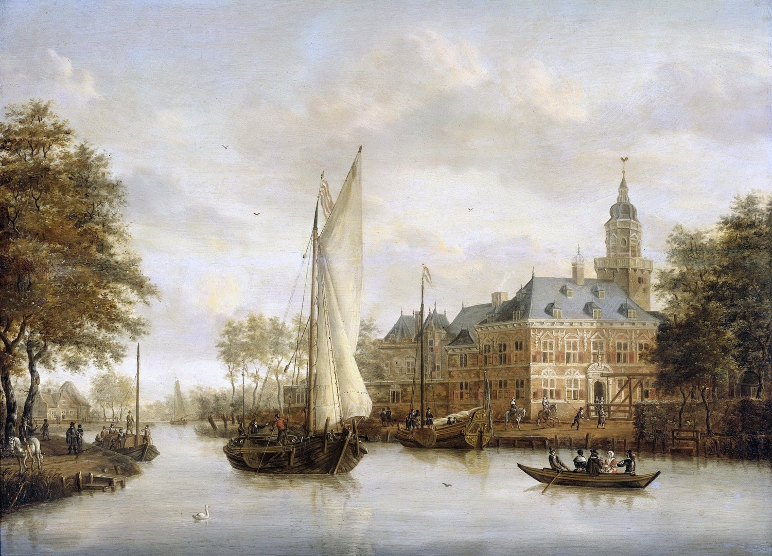 Hand-painted dutch castle on the river with sailboats landscape oil painting on canvas