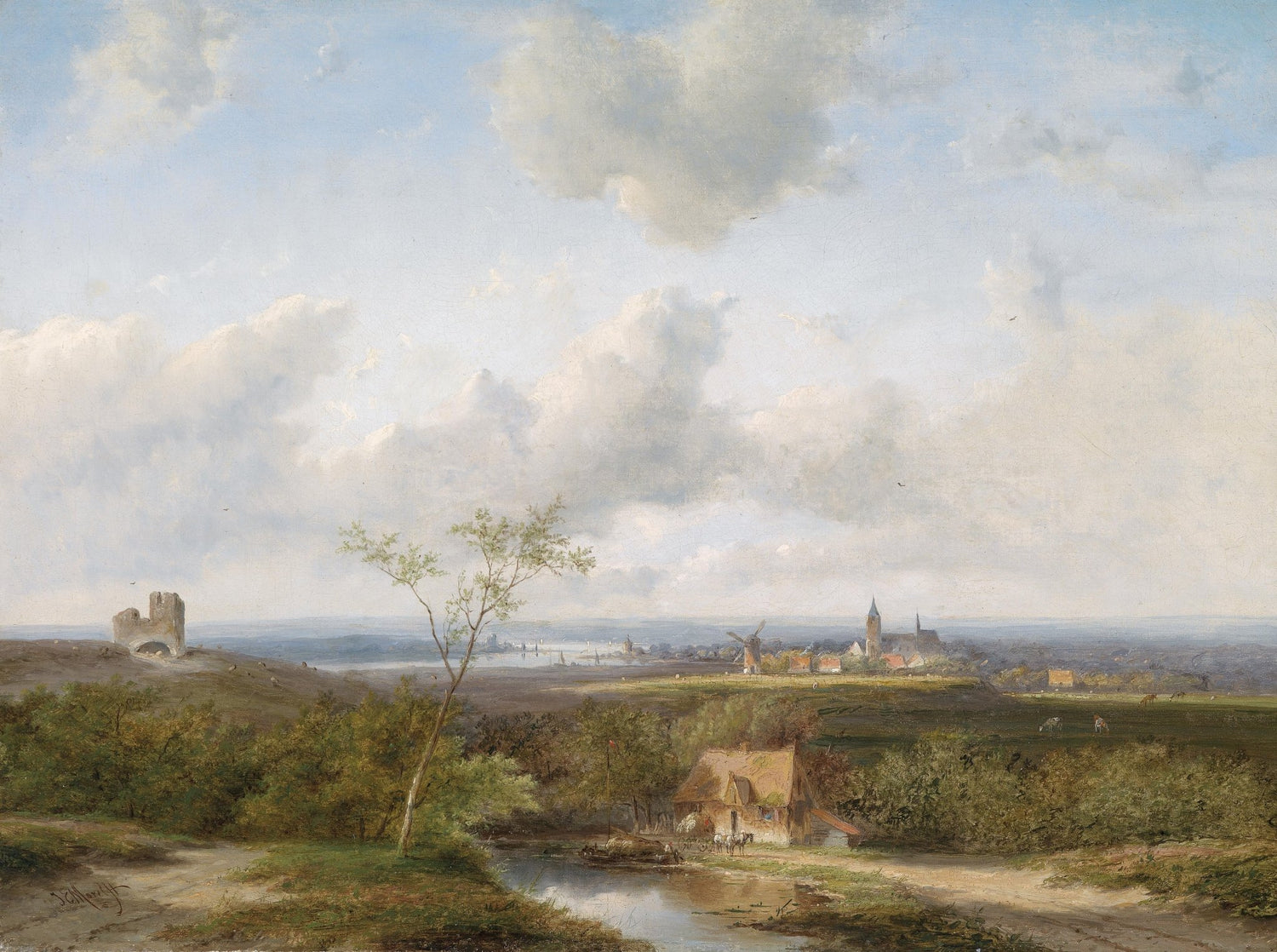 Landscape Oil Painting - Dutch Rural & Castle Ruin, Windmill, Canal Town - Oil Painting Haven