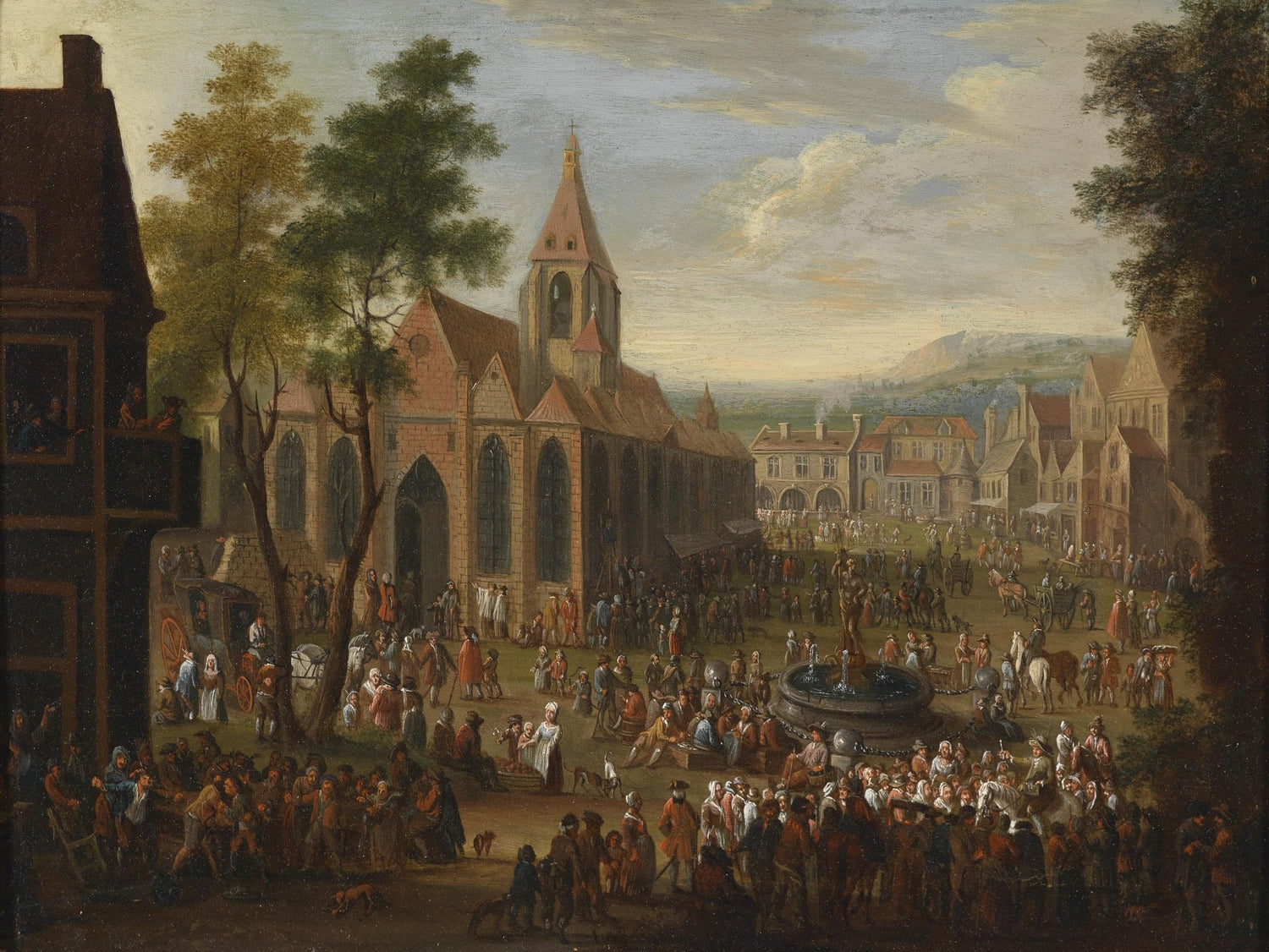 Landscape Oil Painting - Dutch Town Square & Church, Crowded Market - Oil Painting Haven
