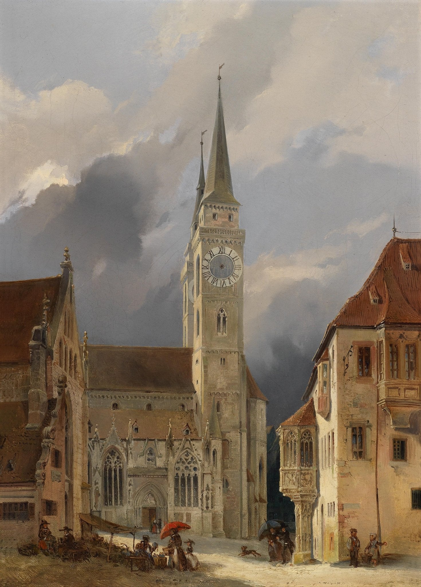 Hand-painted european church square with clock tower landscape oil painting on canvas