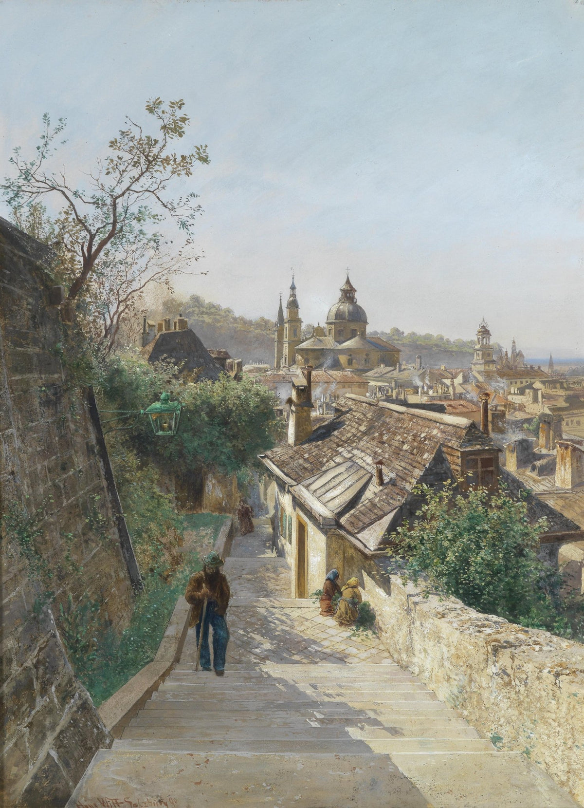 Landscape oil painting of a European city alley with textured brushwork, oil on canvas, featuring old rooftops, church. - Architecture, Canvas, Church, Figure, Hand Painted, Landscape, Made To Order, Oil Painting
