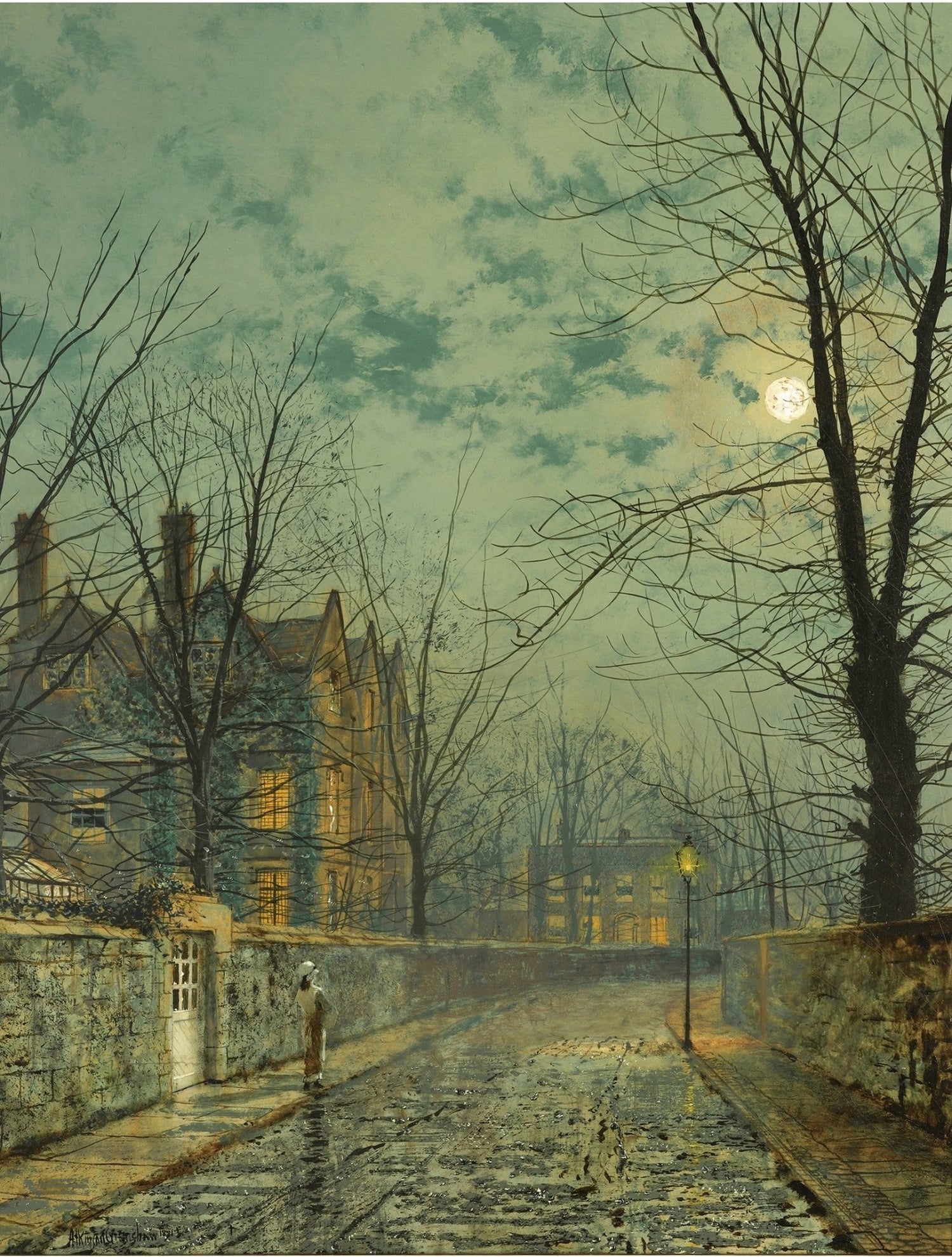 Landscape oil painting of a moonlit village street with textured brushwork, hand painted oil on canvas in muted blues and. - Add Frame, Canvas, Forest, Hand Painted, Landscape, Made To Order, Moonlight, Oil Painting, Sunset, Village