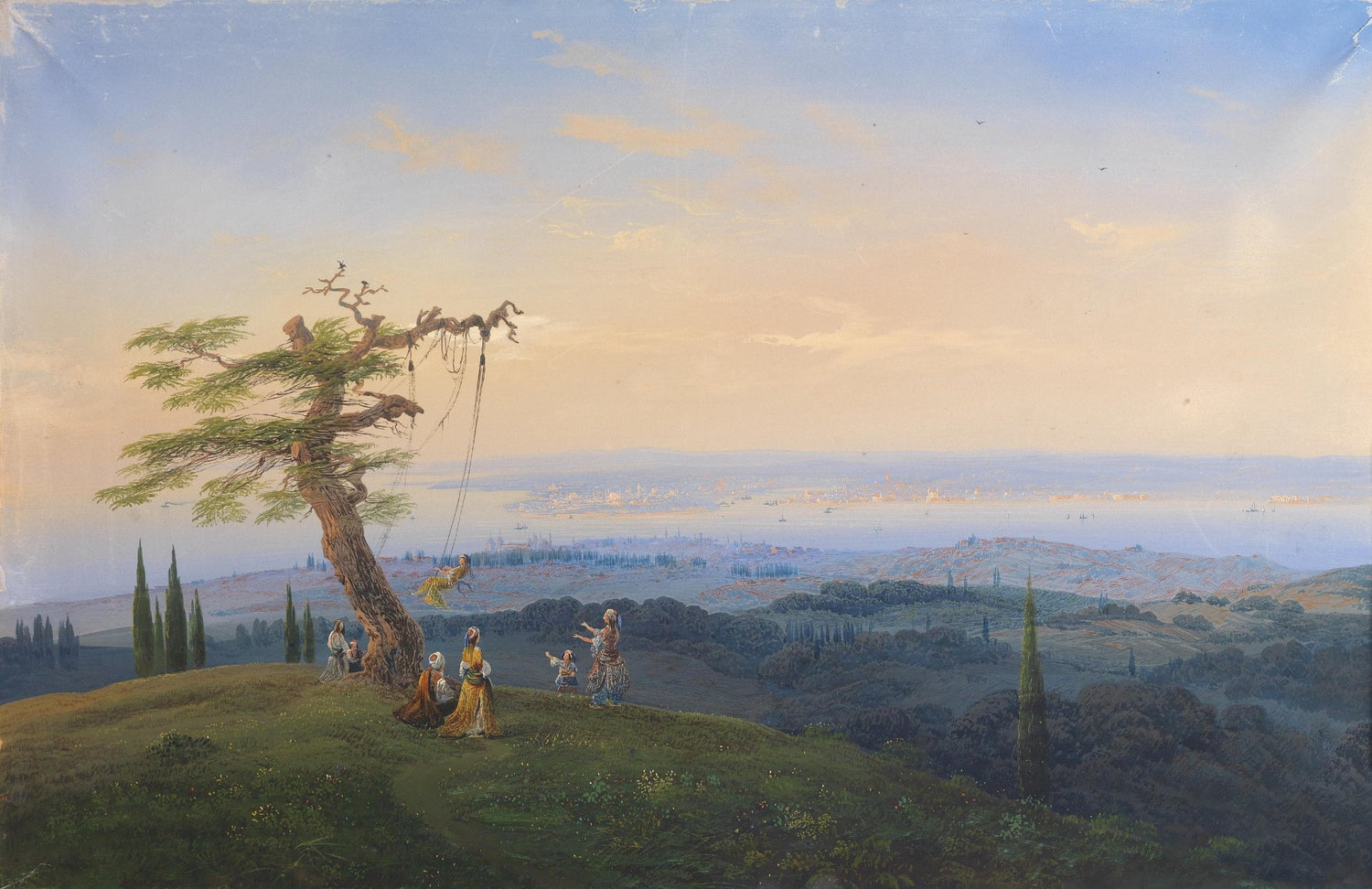 Landscape Oil Painting - Exotic Hilltop, Tree Swing & Coastal City - Oil Painting Haven