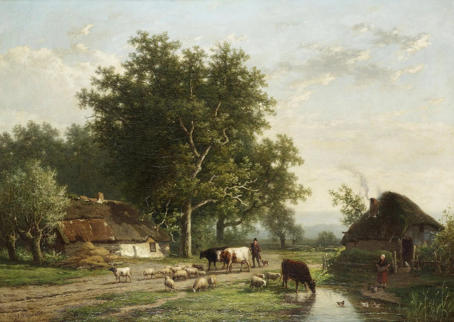 Landscape oil painting of a rural farm scene with cattle, sheep, figures, and rustic buildings, hand painted oil on canvas. - Add Frame, Animal, Canvas, Country, Farm, Figure, Hand Painted, Landscape, Made To Order, Oil Painting, River