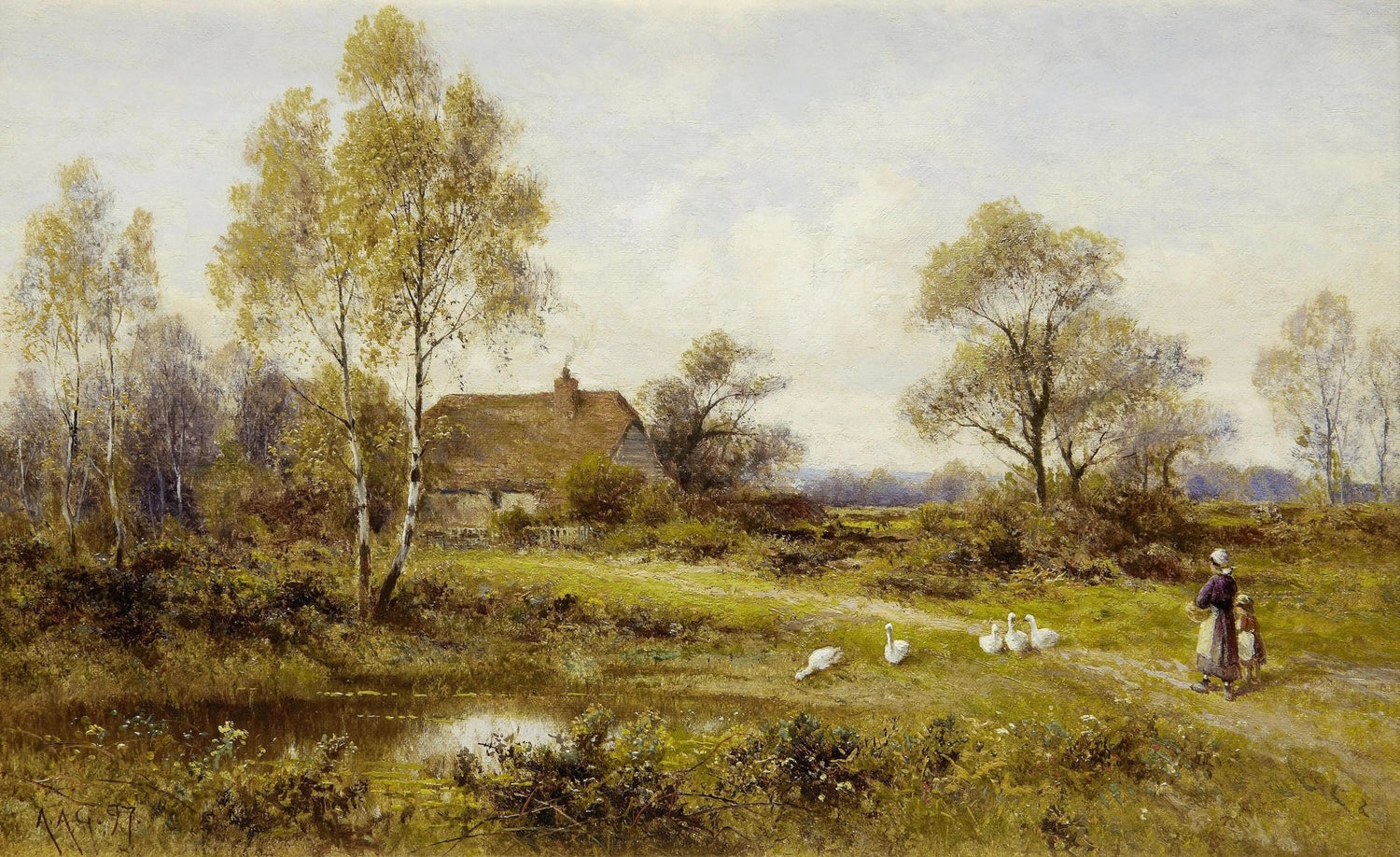 Landscape oil painting of a rural farm scene with figures, geese, a pond, and textured brushwork on canvas. - Add Frame, Canvas, Cottage, Country, Farm, Figure, Forest, Hand Painted, Lake, Landscape, Made To Order, Oil Painting