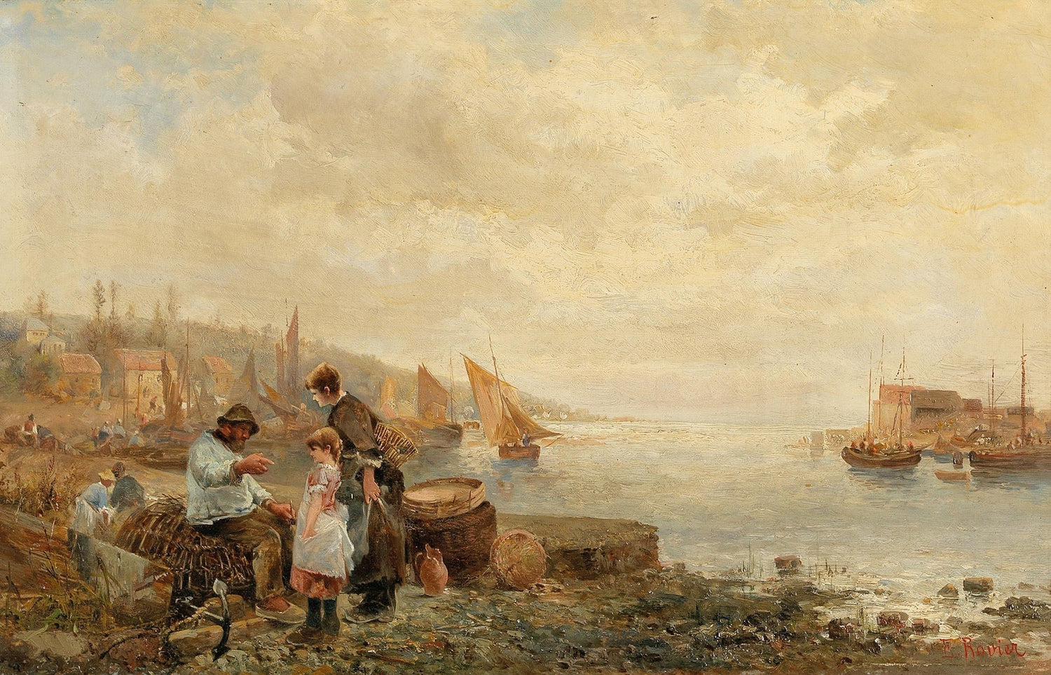 Landscape Oil Painting - Fishing Harbour, Shore Figures & Sailboats - Oil Painting Haven