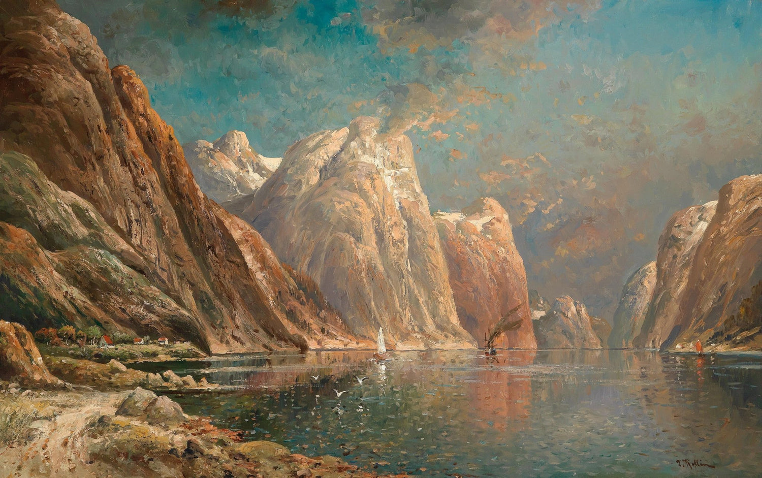 Landscape Oil Painting - Fjord, Towering Rock Mountains & Water Vessels - Oil Painting Haven