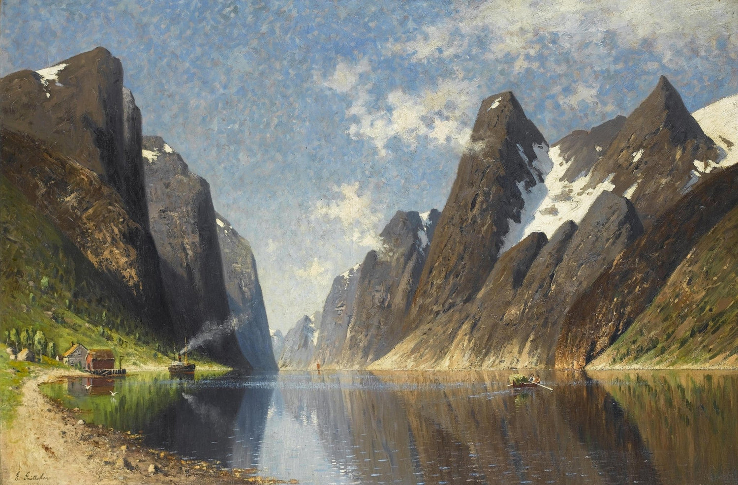 Landscape Oil Painting - Fjord Valley & Calm Lake Reflections - Oil Painting Haven