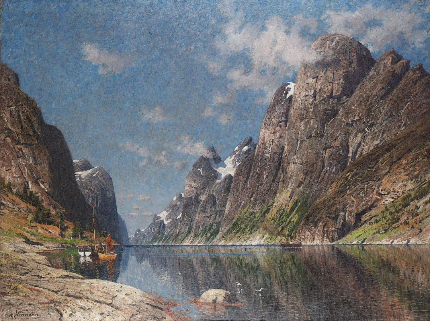 Hand painted landscape oil painting of a serene fjord with boats and towering mountains, textured brushwork on canvas. - Add Frame, Boat, Canvas, Hand Painted, Landscape, Made To Order, Mountain, Oil Painting