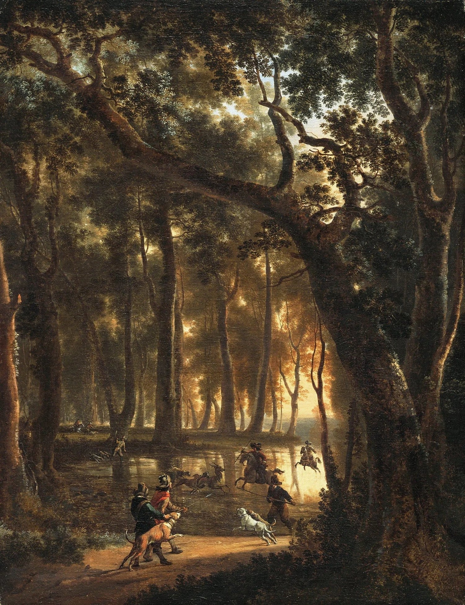 Hand painted landscape oil painting on canvas depicting hunters and dogs in a dense forest with warm, textured brushwork and . - Add Frame, Animal, Canvas, Figure, Forest, Hand Painted, Landscape, Made To Order, Oil Painting