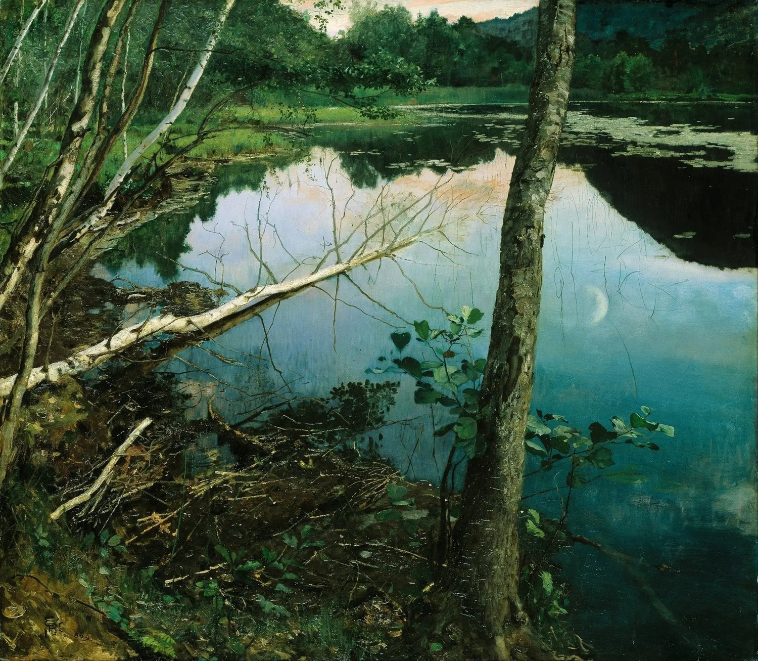 Hand painted oil on canvas landscape oil painting of a forest lake with moon reflections and textured brushwork on trees and . - Add Frame, Canvas, Forest, Hand Painted, Lake, Landscape, Made To Order, Oil Painting