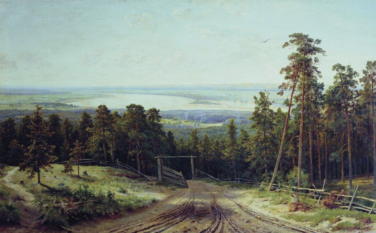 Peinture à l'huile de paysage - Chemin forestier avec vue sur un lac au loin