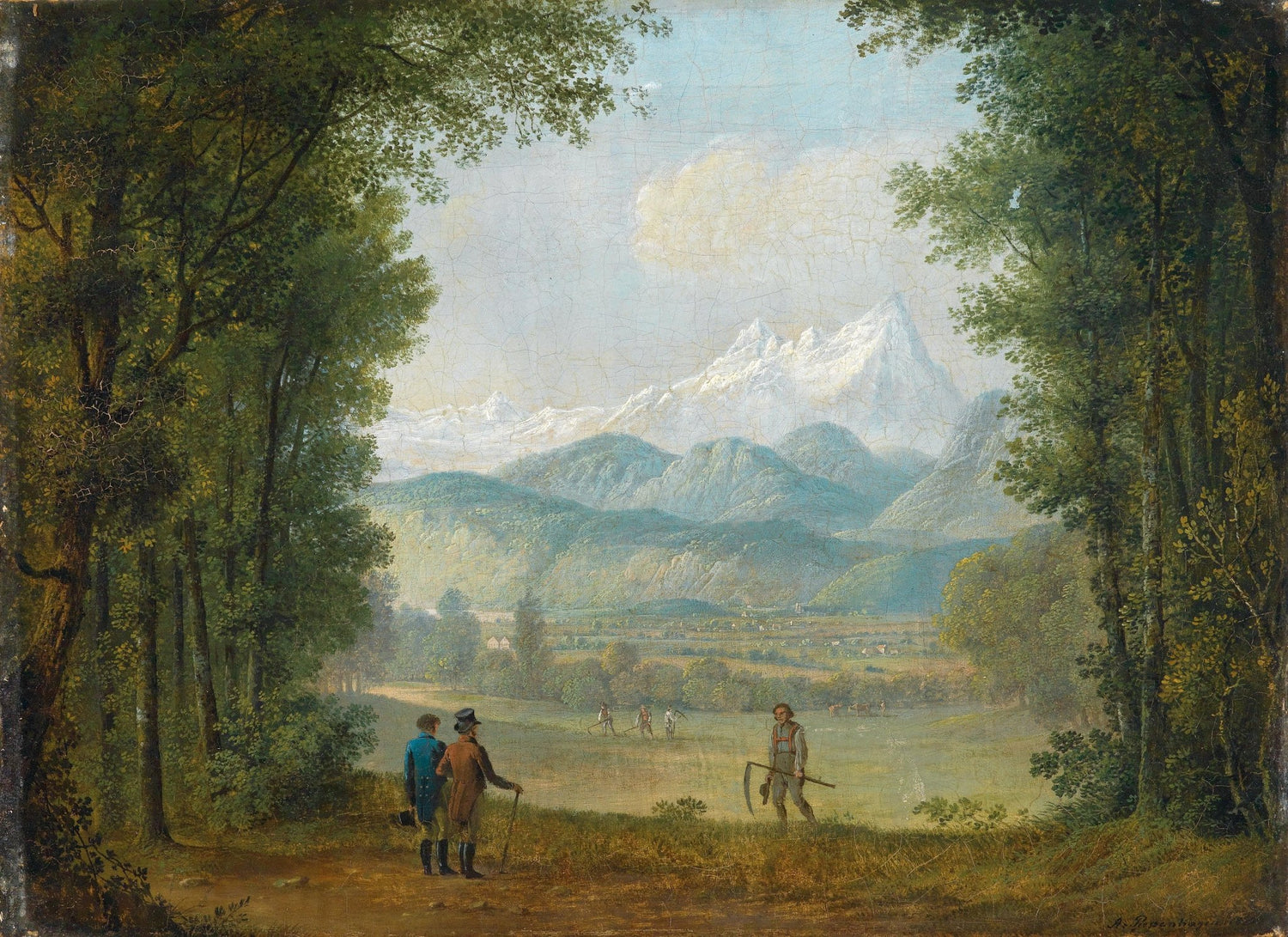 Landscape Oil Painting - Forest Path Figures & Snow - Capped Mountain - Oil Painting Haven