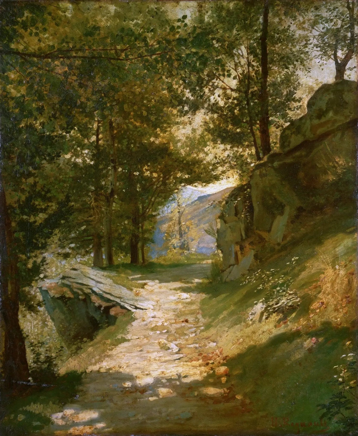 Landscape oil painting of forest path with rocks and sunlight, hand painted oil on canvas with textured brushwork. - Add Frame, Canvas, Forest, Hand Painted, Landscape, Made To Order, Oil Painting, Road