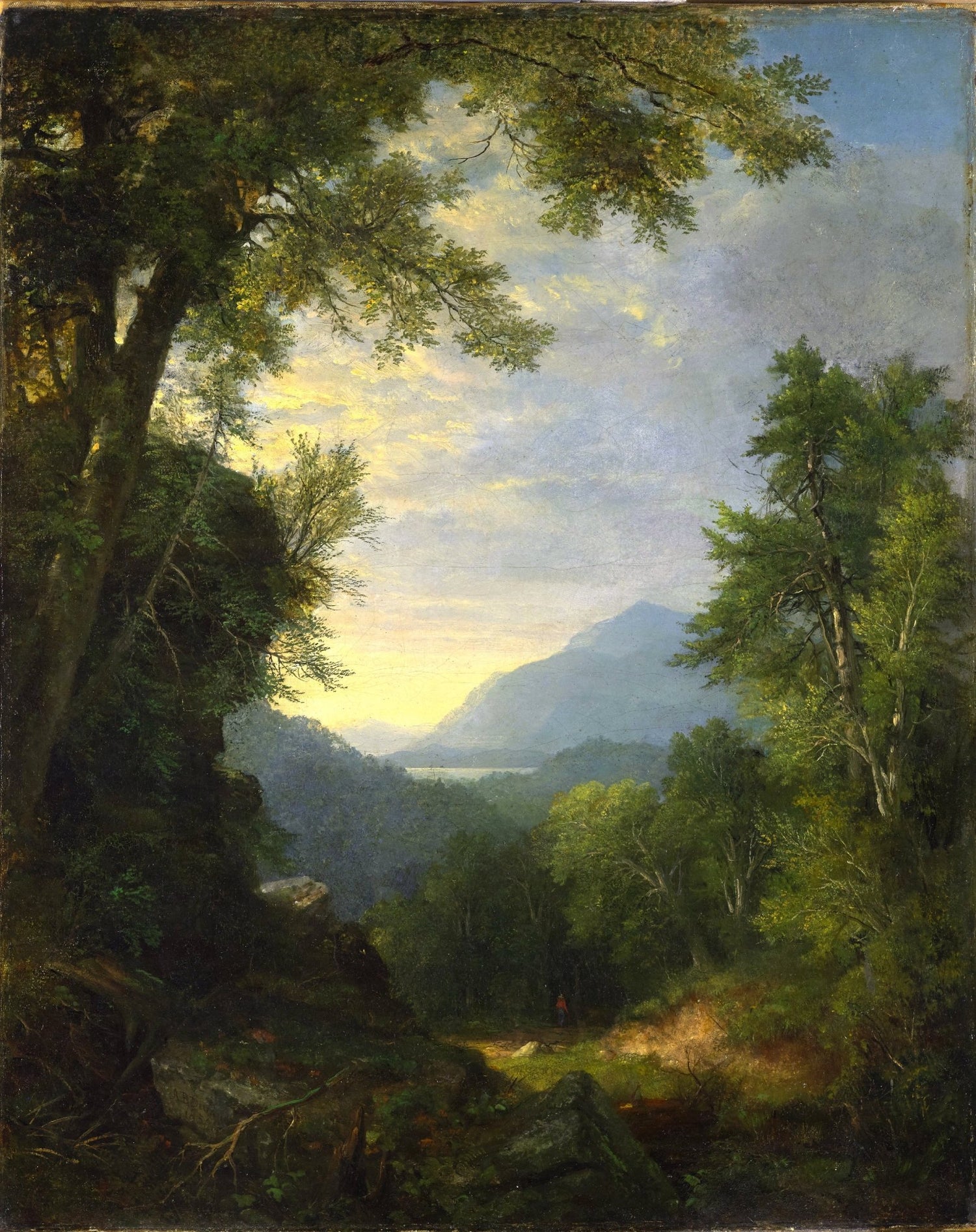 Landscape oil painting of a forest path leading to distant mountains, textured brushwork and rich green foliage on oil on. - Canvas, Figure, Forest, Hand Painted, Landscape, Made To Order, Mountain, Oil Painting, Road