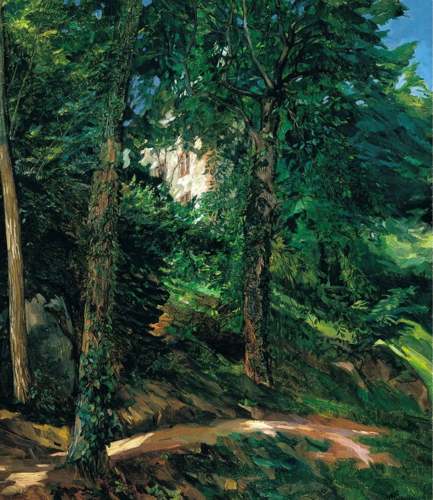 Landscape oil painting of a shaded forest path with textured brushwork and a hidden cottage in oil on canvas. - Add Frame, Canvas, Cottage, Forest, Hand Painted, Landscape, Made To Order, Oil Painting, Road