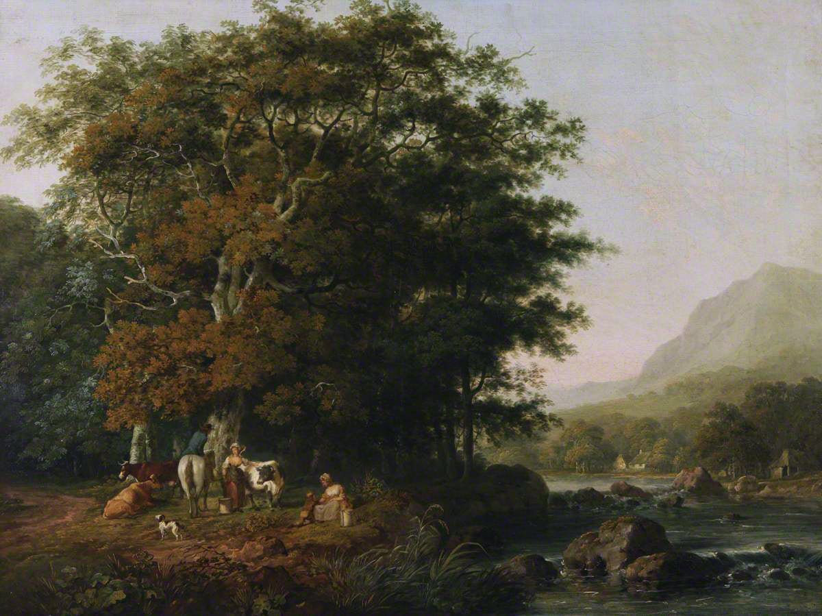 Peinture à l'huile de paysage - Scène de rivière hivernale avec personnages et chevaux