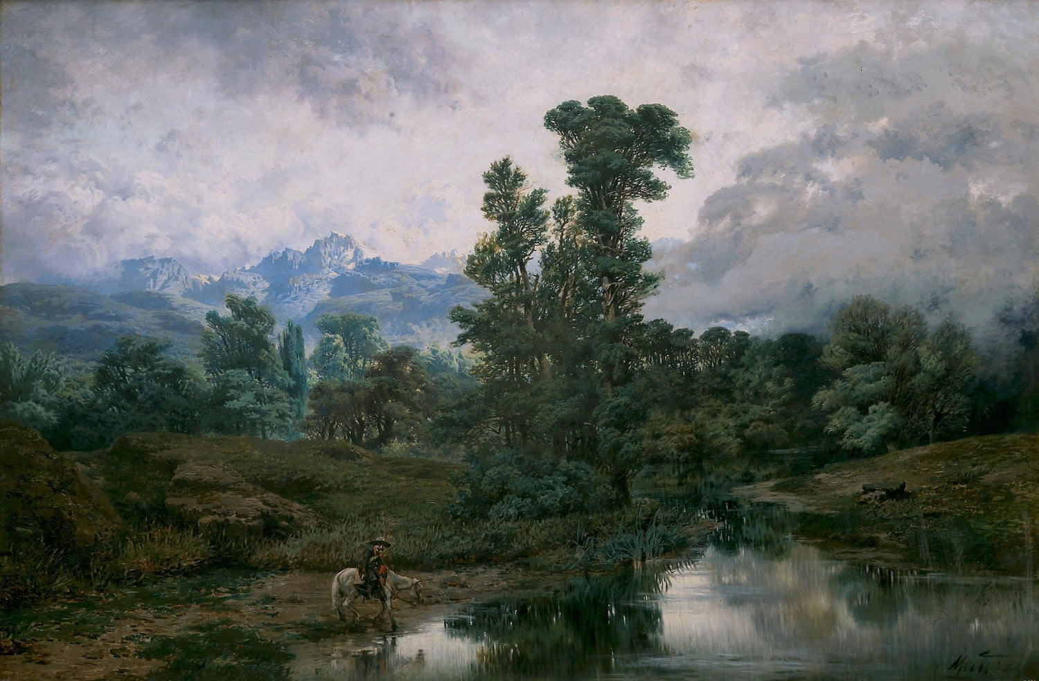 Landscape oil painting with textured brushwork depicting a forest river, a rider on horseback, and distant mountains under a . - Add Frame, Canvas, Figure, Forest, Hand Painted, Landscape, Made To Order, Mountain, Oil Painting, River