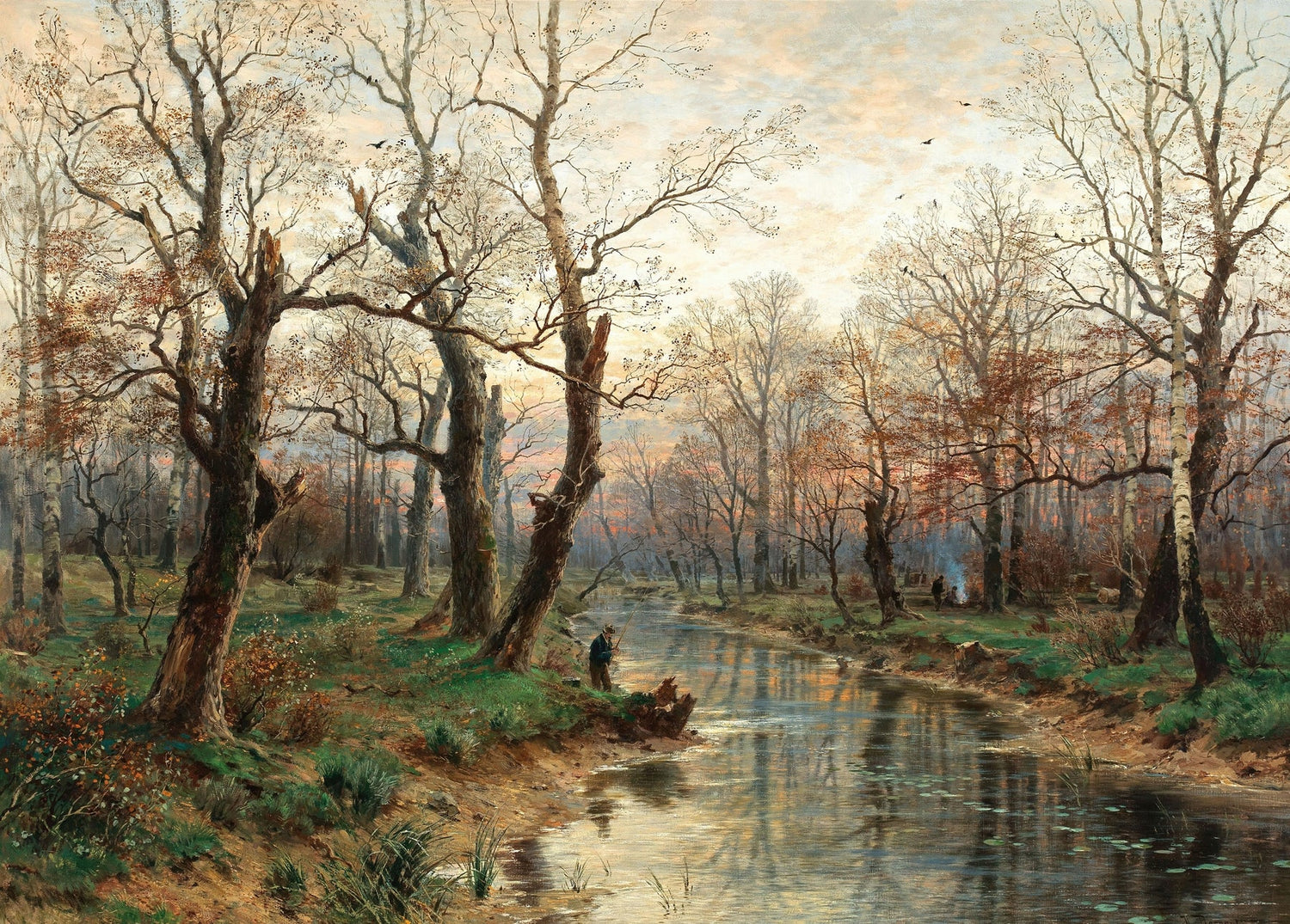 Hand-painted forest stream and bare trees at dusk landscape oil painting on canvas