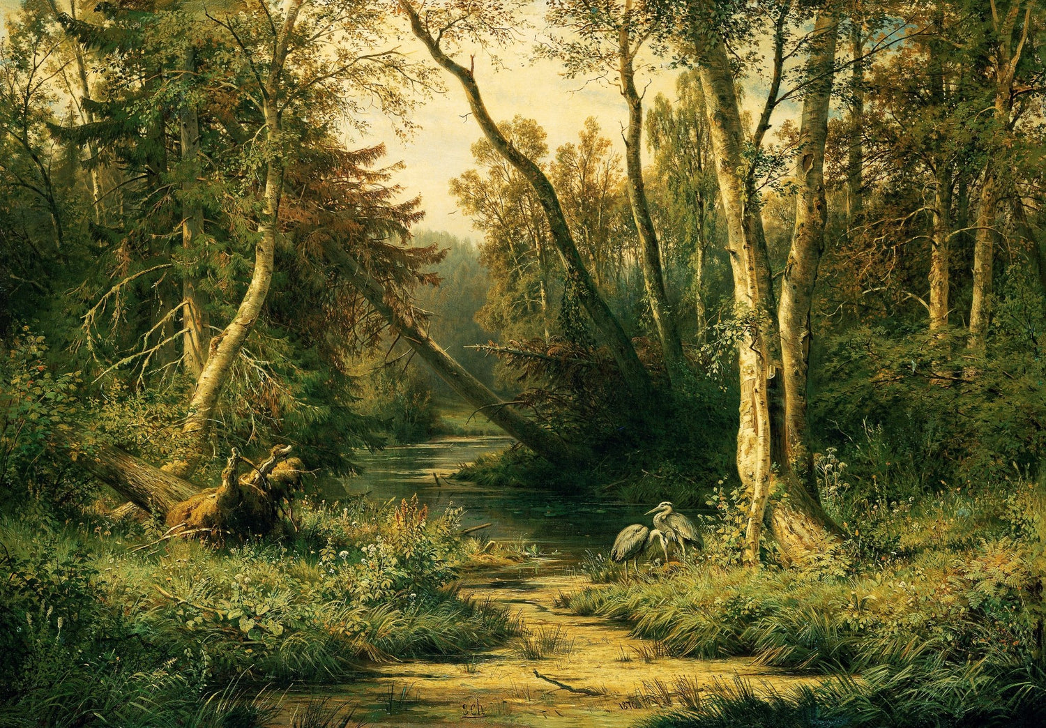 Hand-painted forest stream with herons wall art landscape oil painting on canvas