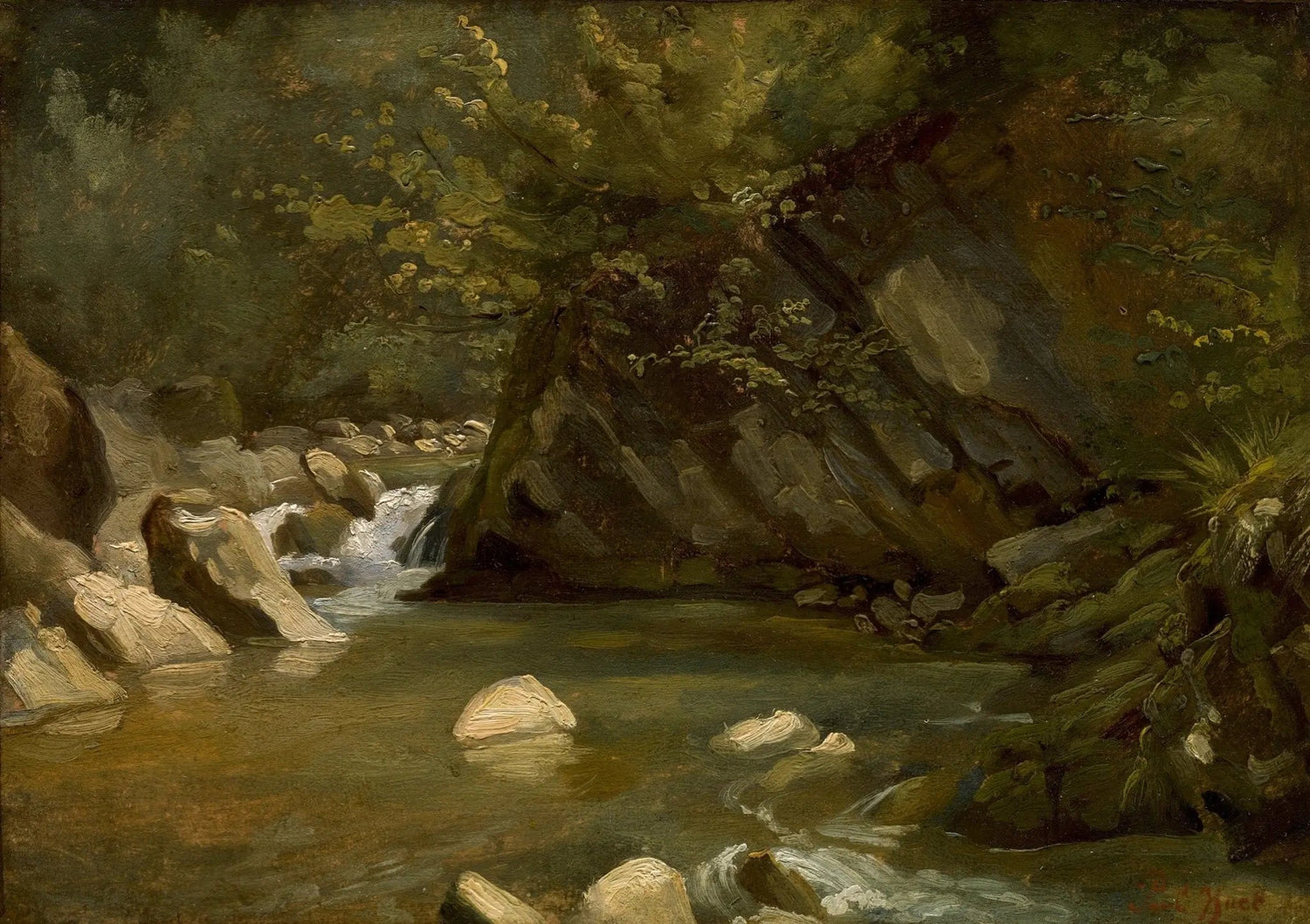 Landscape oil painting of a forest stream with rocks and dense green foliage, hand painted oil on canvas with textured. - Add Frame, Canvas, Forest, Hand Painted, Landscape, Made To Order, Oil Painting, River