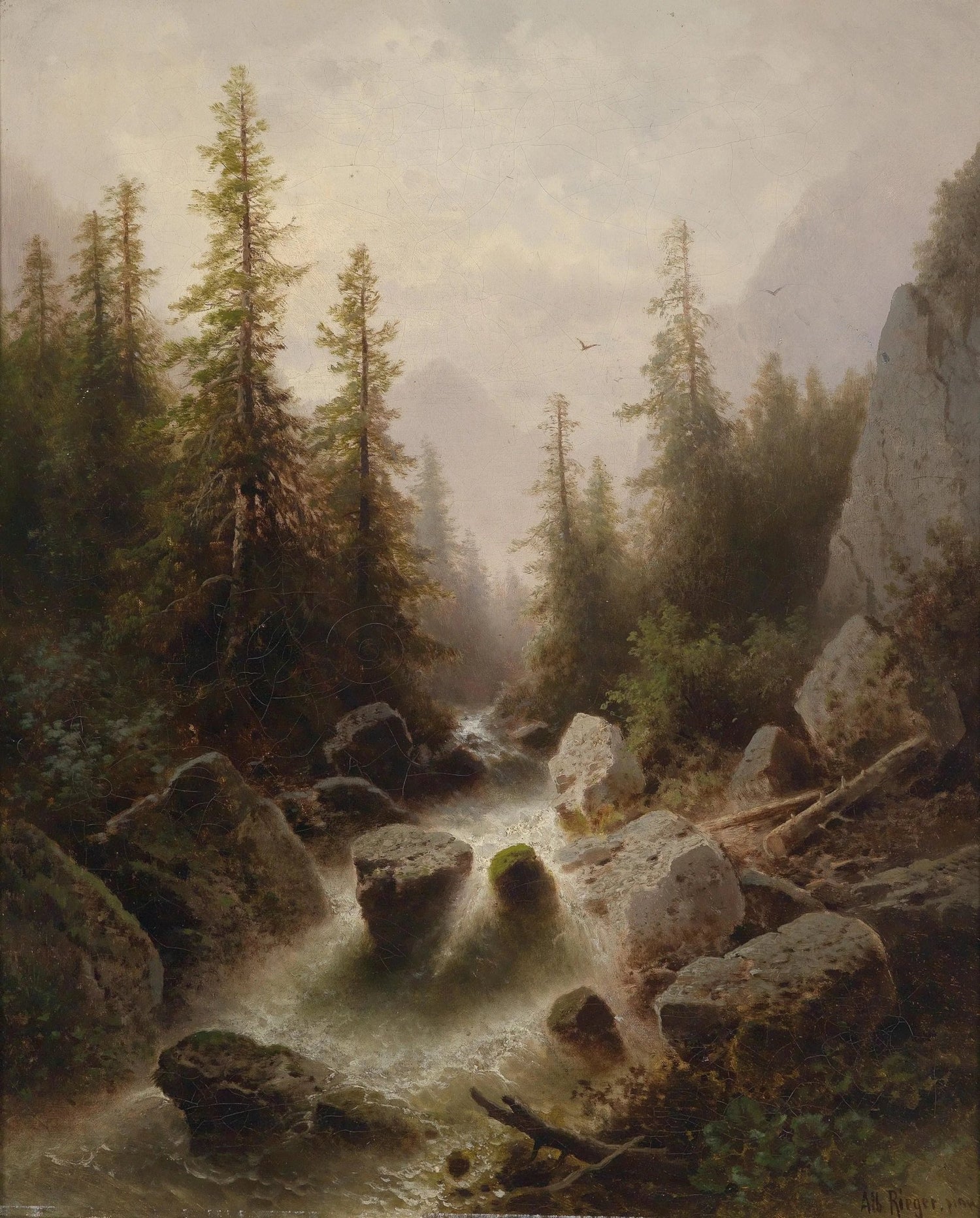 Landscape oil painting of a forest stream flowing over moss-covered rocks surrounded by tall pine trees with textured. - Add Frame, Canvas, Forest, Hand Painted, Landscape, Made To Order, Oil Painting, River