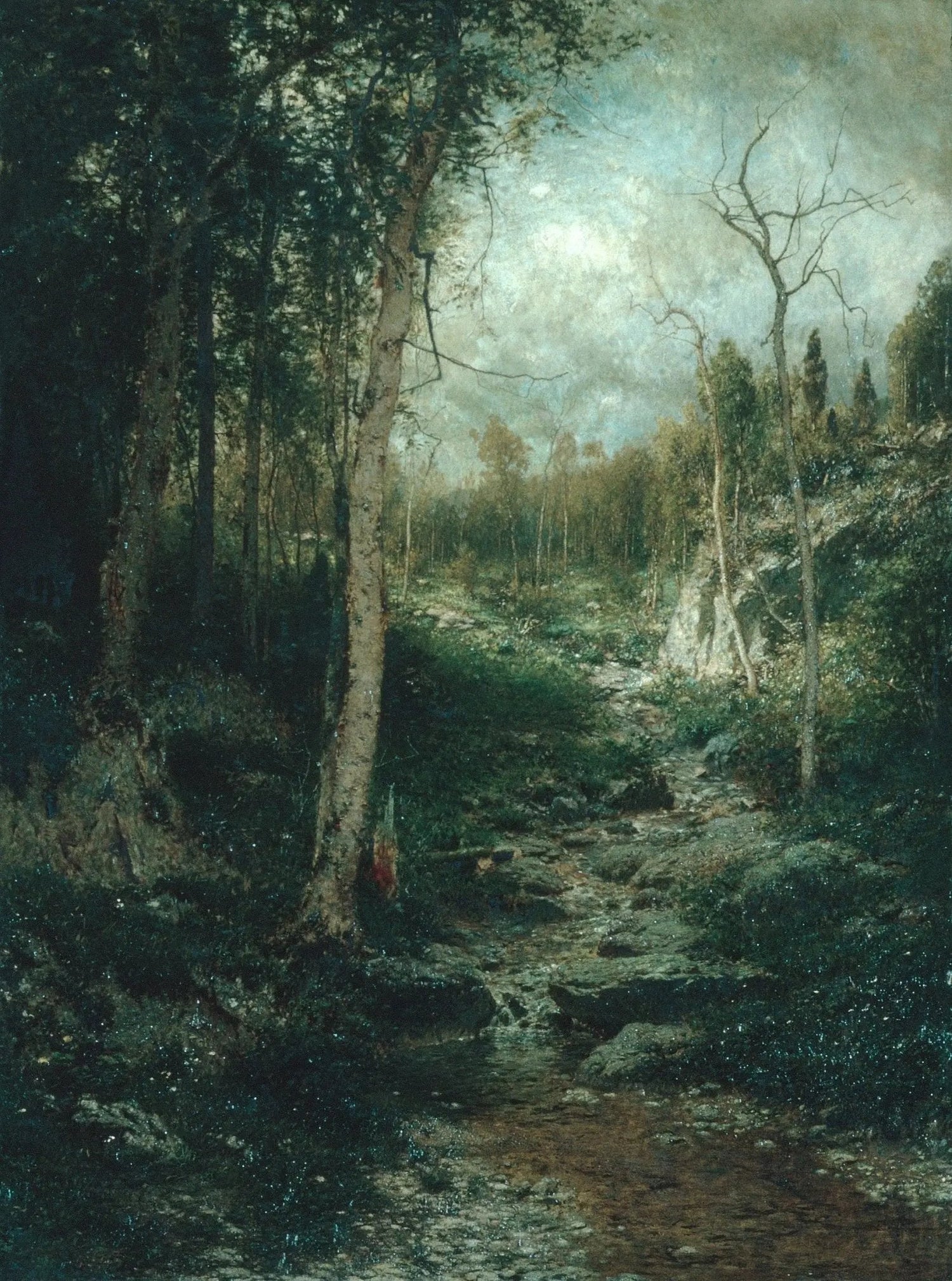 Hand painted landscape oil painting on canvas depicting a forest stream with textured brushwork and tall trees under moody. - Add Frame, Canvas, Forest, Hand Painted, Landscape, Made To Order, Oil Painting, River
