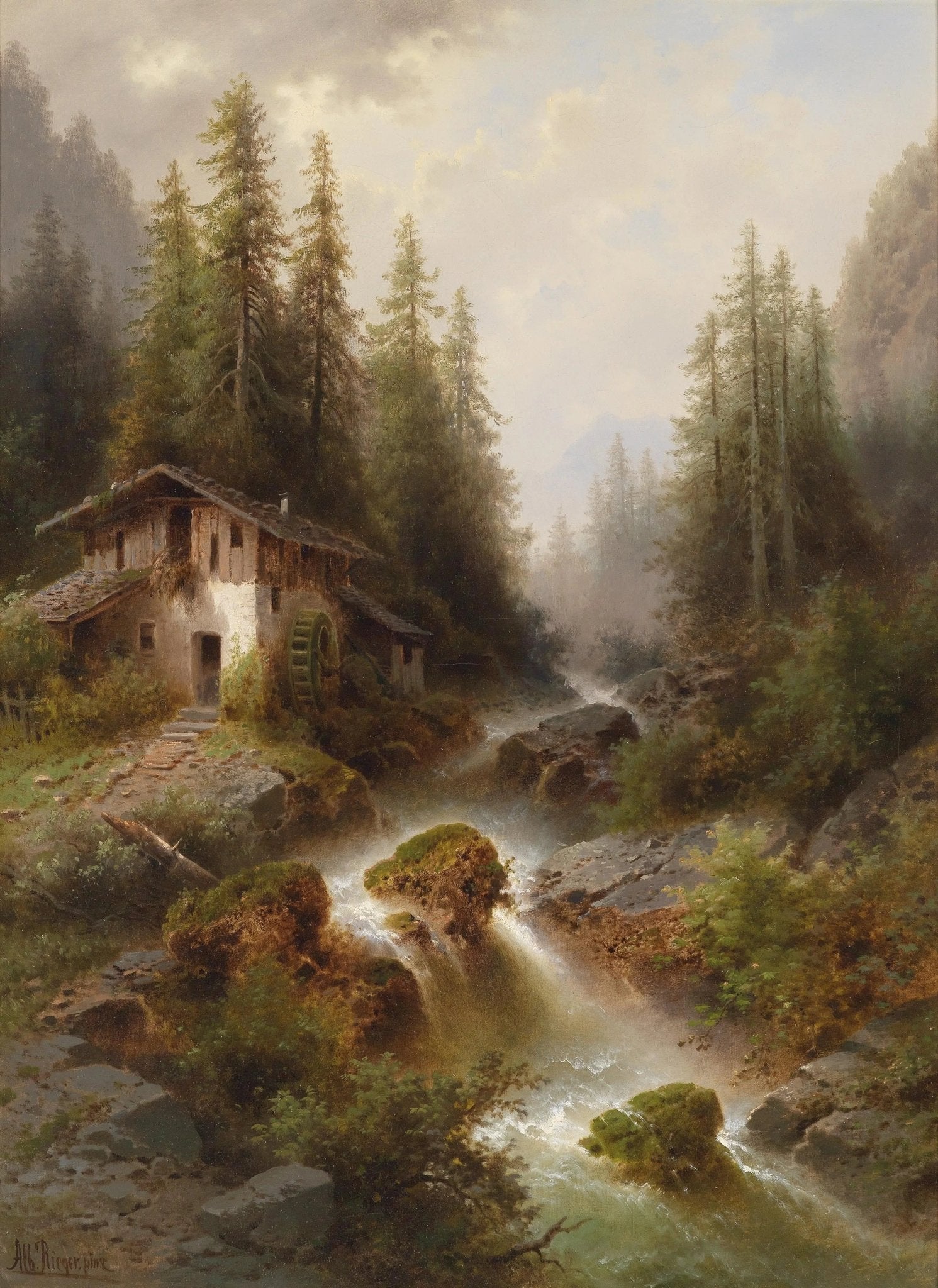 Hand painted landscape oil painting on canvas of serene forest stream with rocks and rustic watermill, textured brushwork. - Add Frame, Canvas, Forest, Hand Painted, Landscape, Made To Order, Oil Painting, River