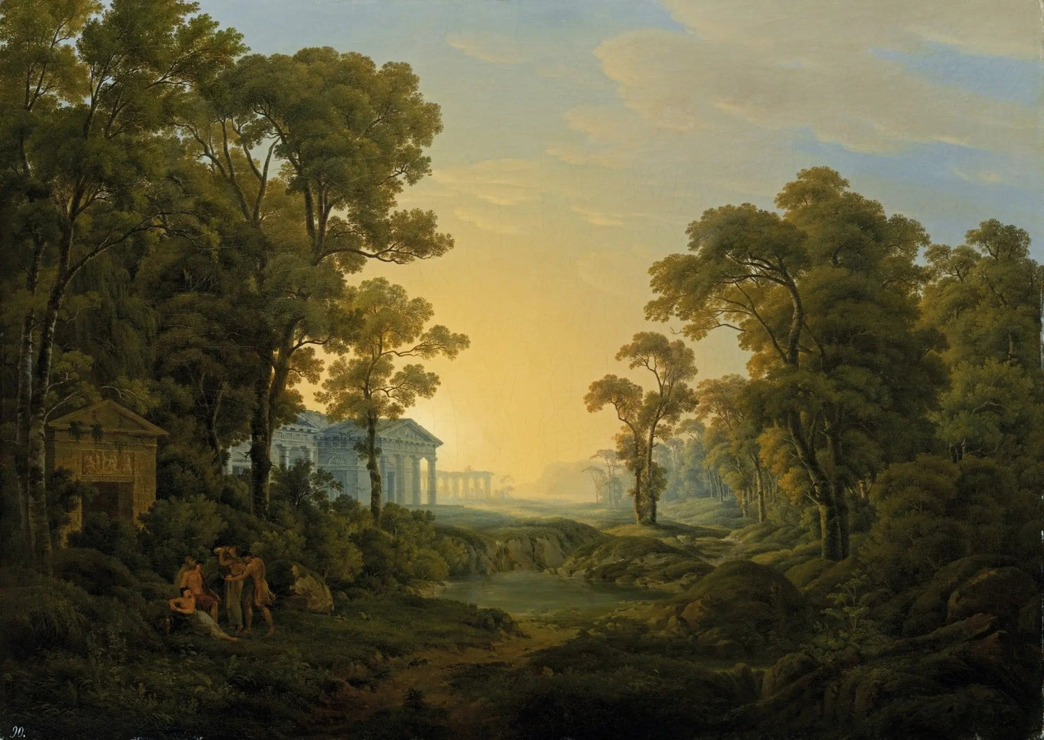 Landscape oil painting with textured brushwork depicting a forest path leading to a classical building, figures near trees,. - Add Frame, Architecture, Canvas, Figure, Forest, Hand Painted, Landscape, Made To Order, Oil Painting, River