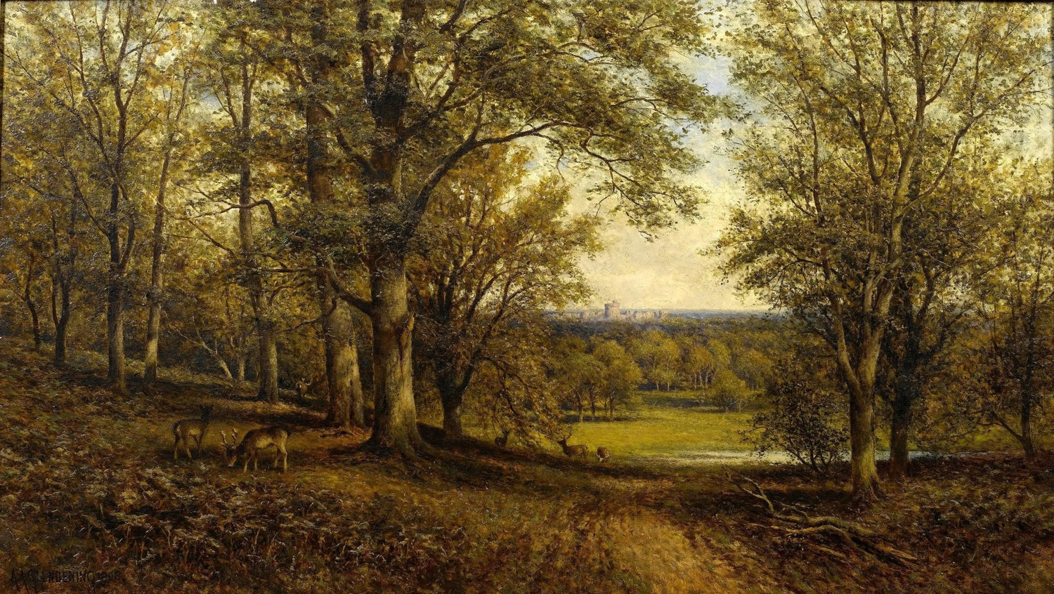 Landscape oil painting of a forest path with deer, distant castle framed by tall trees, textured brushwork on canvas. - Add Frame, Animal, Architecture, Canvas, Castle, Forest, Hand Painted, Landscape, Made To Order, Oil Painting, Road