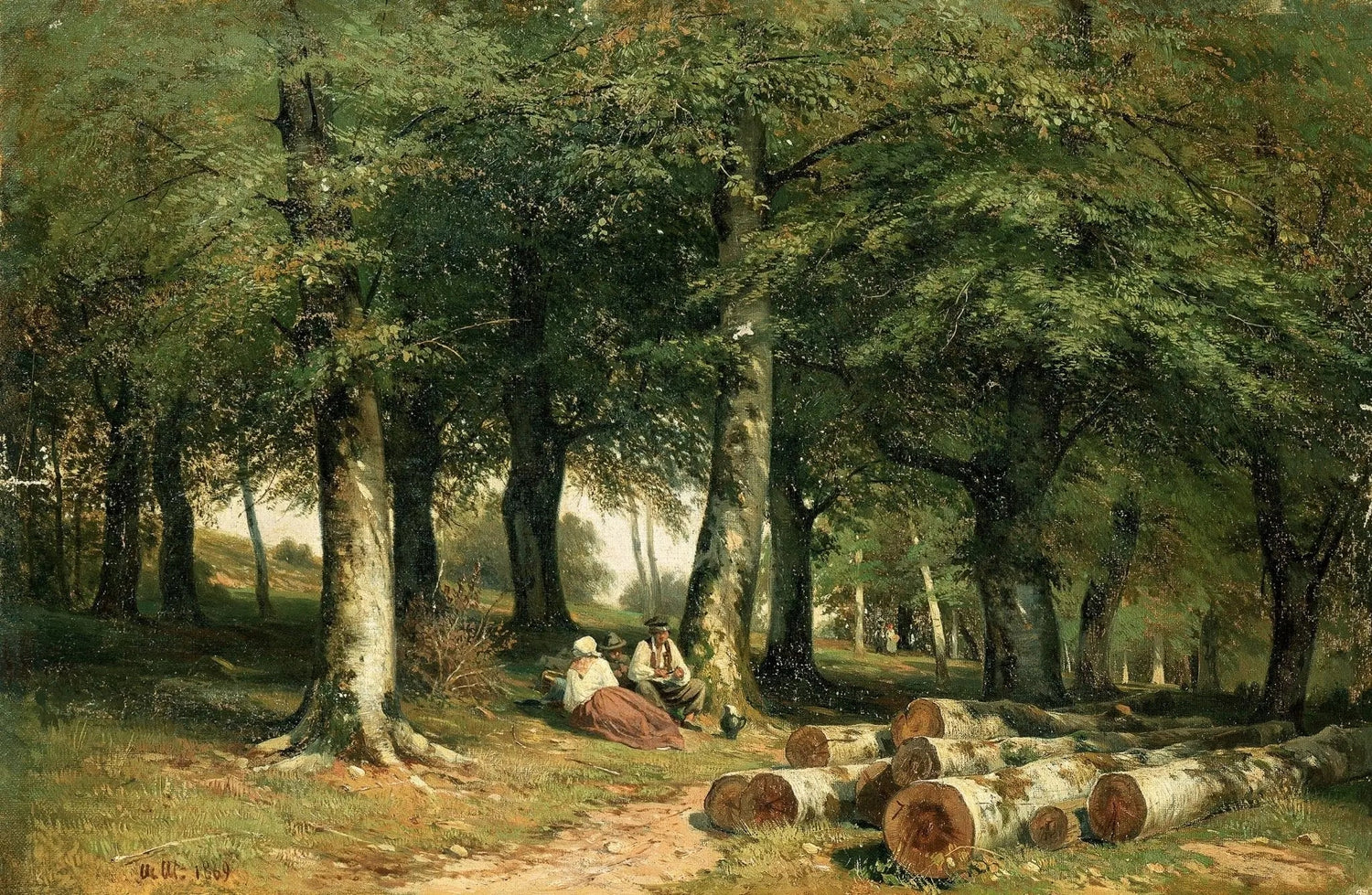 Landscape Oil Painting - Forest with Figures and Logs Wall Art - Oil Painting Haven