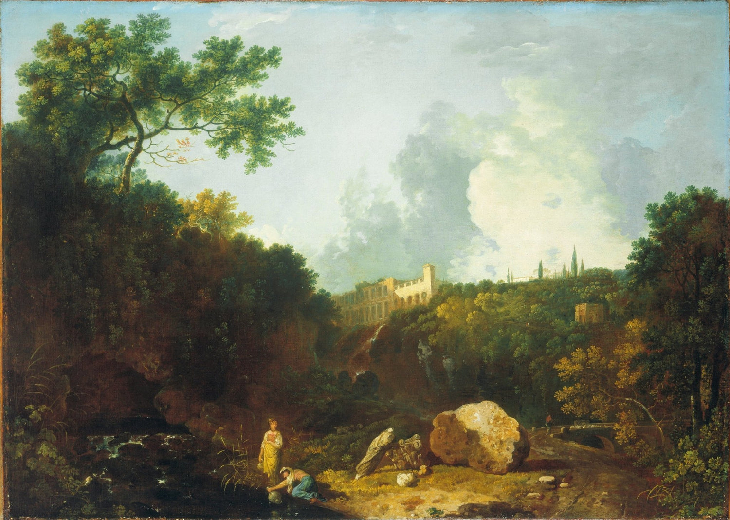 Landscape oil painting of a forested valley with textured brushwork, ruins on a hill, and figures by a river, hand painted. - Add Frame, Architecture, Canvas, Figure, Forest, Hand Painted, Landscape, Made To Order, Mountain, Oil Painting, River