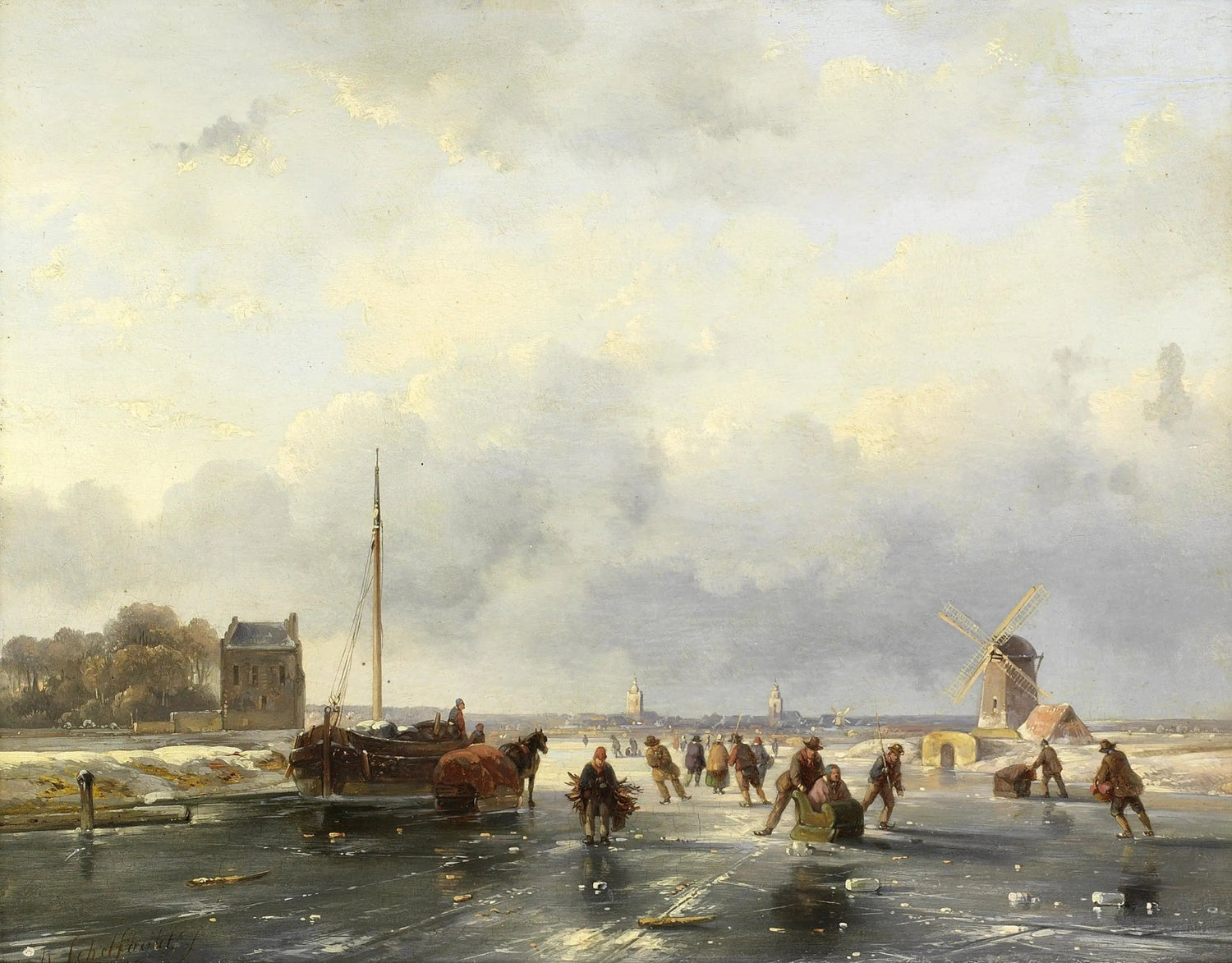 Landscape oil painting of a winter canal scene with horses and a boat near a frosted windmill, textured brushwork on canvas. - Add Frame, Boat, Canal, Canvas, Figure, Hand Painted, Landscape, Made To Order, Oil Painting, Venice, Winter