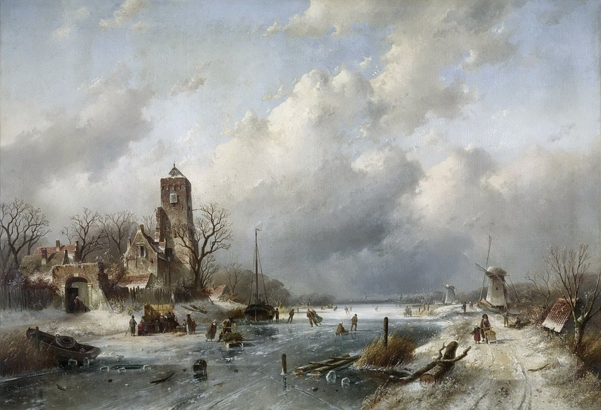 Landscape Oil Painting - Frozen Canal with Skaters and Windmills